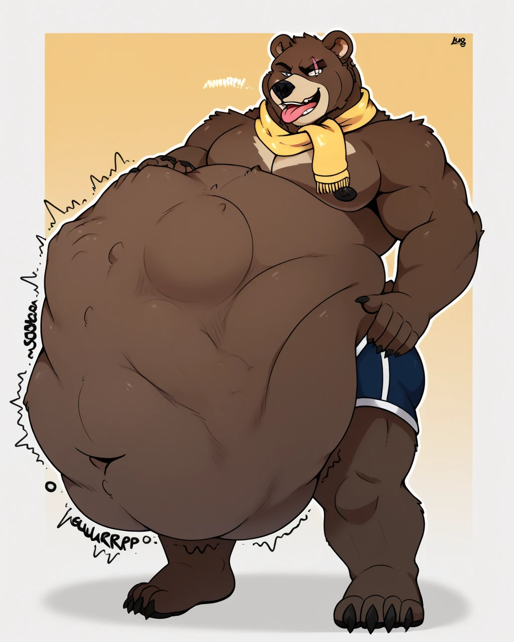 large brown bear, chubby fat, body raising his arm and revealing his hairy armpit, wearing a blue school swimsuit one-piece leotard, bedroom, shy expression, and bulge, looking at viewer