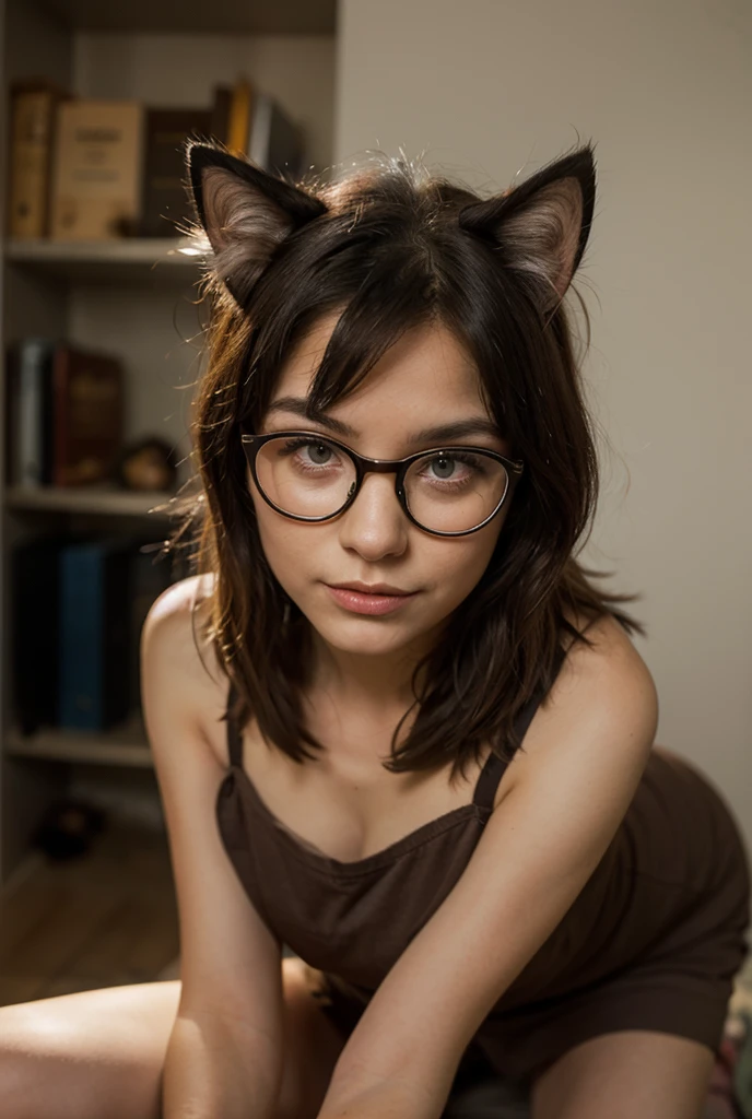 masterpiece, best quality, 1girl, ((looking at viewer)), dark hair, long hair, ahoge, sweater, sweater skirt, cleavage, pantyhose, 163cm, hair between eyes, large breasts, adult, 33 years old, mature, glasses, solo, sole, smile, cat ears, cat tail, fang, catgirl, animal ears