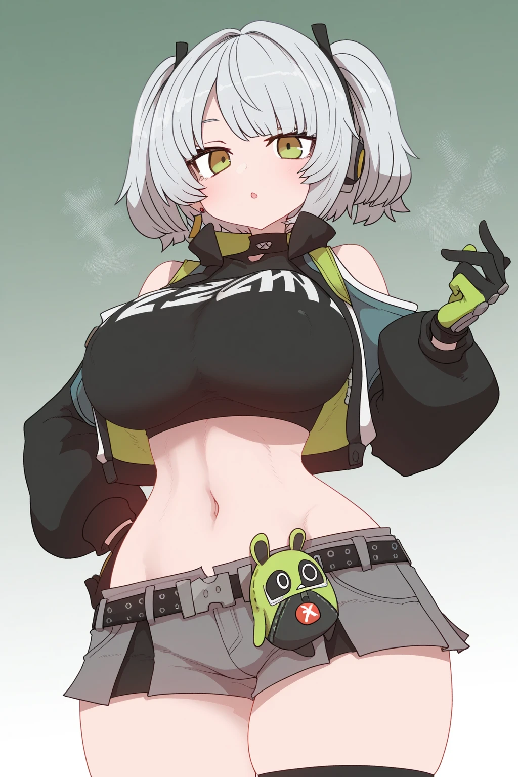 original character、young、attractive face、green eyes、Nice little breasts、short gray hair、eyelash、applejack hat、oversized pop jacket、white t-shirt、Black leather pants、Located in a graffiti alley、standing、(highest quality、great details:1.25)、(solo:1.3)、vivid colorful paintings