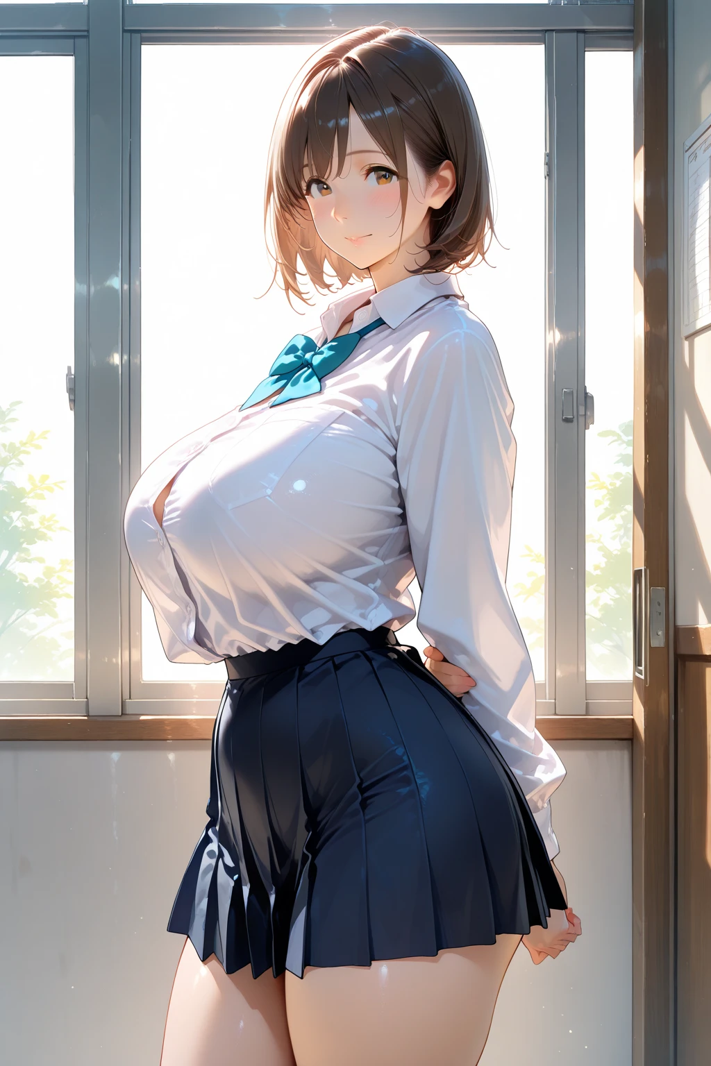 (masterpiece:1.6),(Highest quality:1.6), Vivid Photos, (Ultra High Resolution 1.2),Perfect Proportions,(Black Hair:1), (Brown Hair:1), (Iris:1.1),(Beautiful big boobs:1.5), 23 years old, Beautiful adult woman, (Medium Bob Hair:1.2), , (Excited:1.3), (Embarrassing、shame), blush, Summer clothes, (Random Collar Shirt, Pleated skirt), Upper Body Shot:1.1), Rain Sparkle, rainbow, (Bright smile, fun:1.5), SLPP, shirt lift:1.3, sexy bra, pants pull,sexy panties,