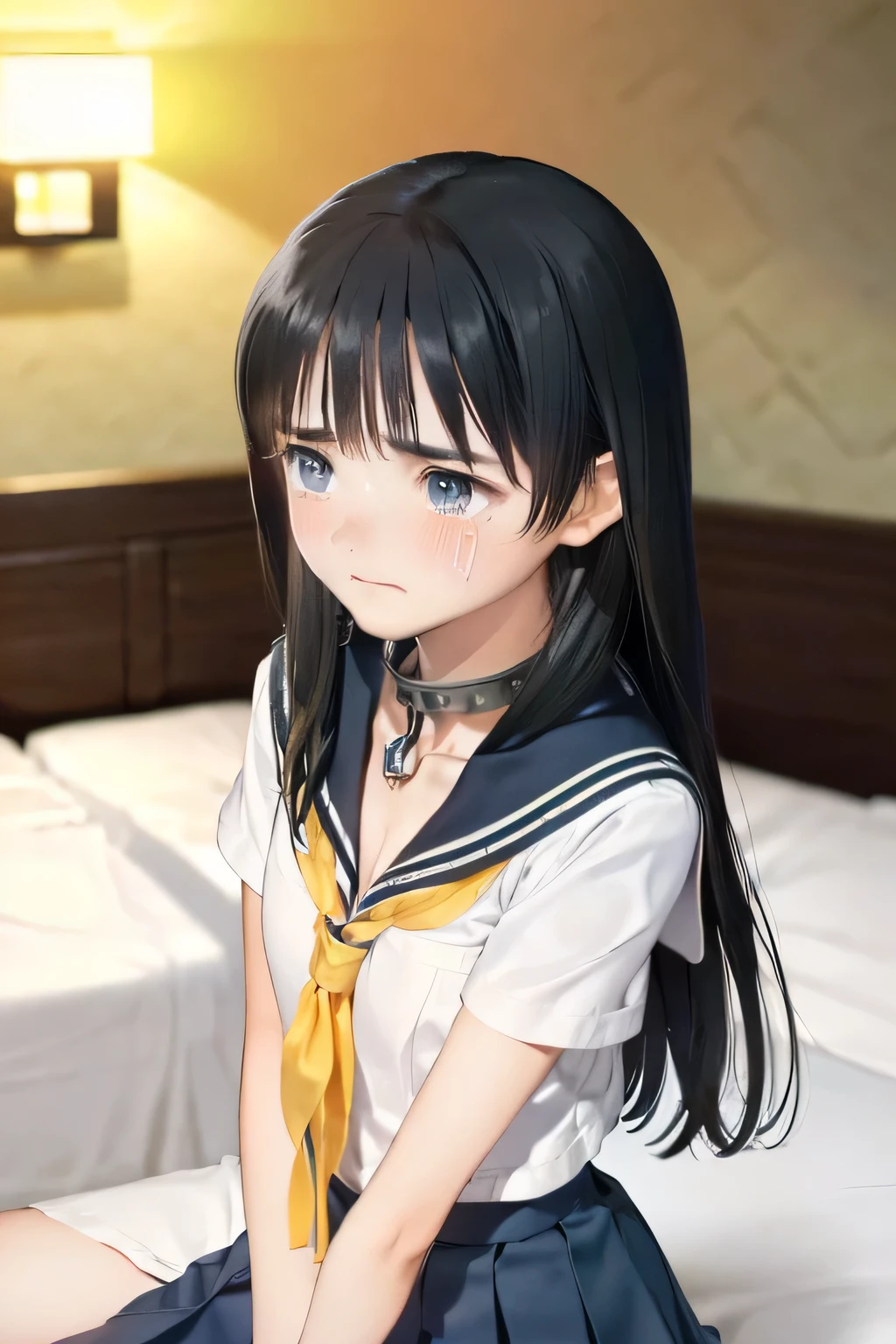 (masterpiece, Best Quality, 8K,Raw photo, High resolution:1.7), (led away, escorted by boy, 1 girl, 1 naked boy, upper body, looking at viewer, arms behind back, sitting on the bed:1.5), (a lot of teardrops, Frowning, screaming, crying, sobbing, tearing, tearful, full-face blush, embarrassed, shyness:1.5), (dark background, night, indoor, Closed bedroom, soft indoor light, double bed, stone wall, night view:1.5), (Candid, Sophisticated, Thin arms, Narrow waist, Slim body, slim legs, Slender girl:1.5), (Bokeh:1.7), (cleavage, flat chest:1.5), Beauty, (school sailor uniform, blue ribbon, short sleeve, pleated skirt, chained slave metal collar with studs:1.5), (straight hair, black hair, black eyes:1.8), (forehead:1.3)