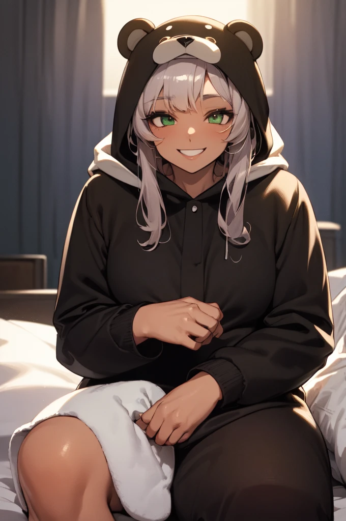 beautiful, (masterpiece), best quality, (extremely detailed face), extremely detailed eyes, perfect lighting, OverallDetail, detailed, deep skin,textured skin,
,bear costume ,black bear costume, long sleeves, hood up,,mallow , long hair, green eyes, big smile,on bed ,sitting between pillows,
,naked anime girl
