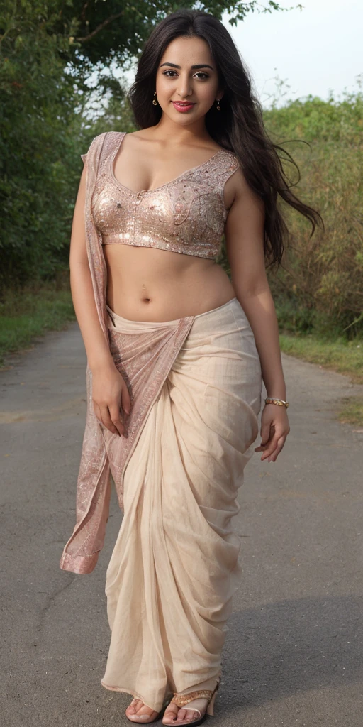 daytime view, NSFW,no blouse,low waist saree,topless indian, wearing saree without bra,saree without blouse,only saree no blouse,close up shot of Indian  from top view, wearing pink lower saree, walking in forest, looking to camera, big and curvy cheeks, hourglass figure, sexy navel, swooping breasts, ponytail, necklace, (cinematic:1.3), intricate details , (ArtStation:1.2)rendom nudity