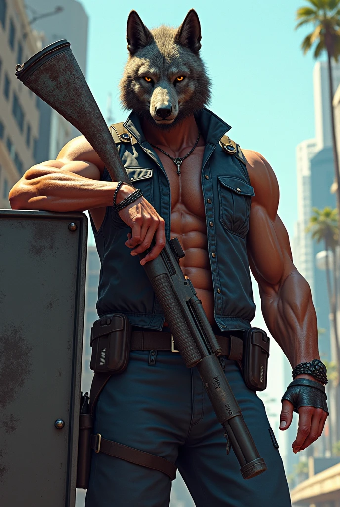 ((best quality)), ((ultradetailed)), ((masterpiece)), photography, scene: modern city, theme: anthropomorphic animal mafia, character: jackal, appearance: sports mafia tattoos and a gold necklace, action: shooting stance with a sniper rifle, other scene elements: spacious abandoned warehouse with training targets behind the character, perspective: realistic style, resolution: 4K.