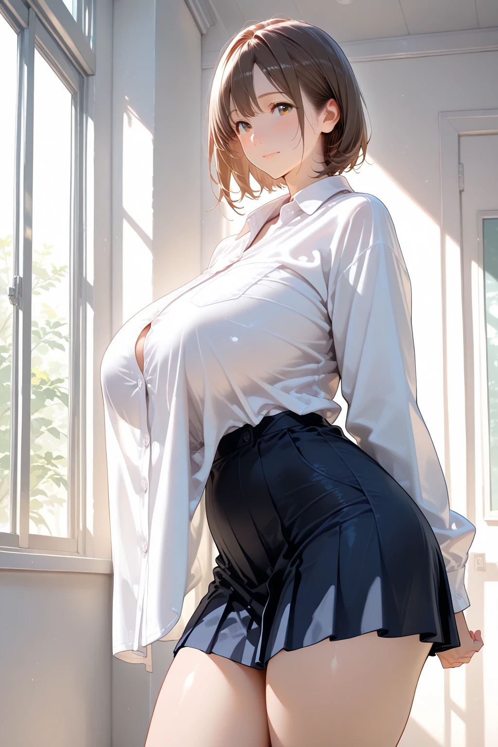1womanl,12year old,Dark head hair,Beautiful ponytail hairstyle, (yellow high waist skirt:1.3),, (whiteshirt:1.3), (double-breasted,Underboobs:1.2), Short sleeves, buttonGap,moaning,small tits,Sweaty shirt,Thigh sweat,half squatting,My crotch is wet,lift up skirt,Mansuji,Pants are , embarrassed, blushing, cute, kawaii, lips apart, masturbation behavior, breathless