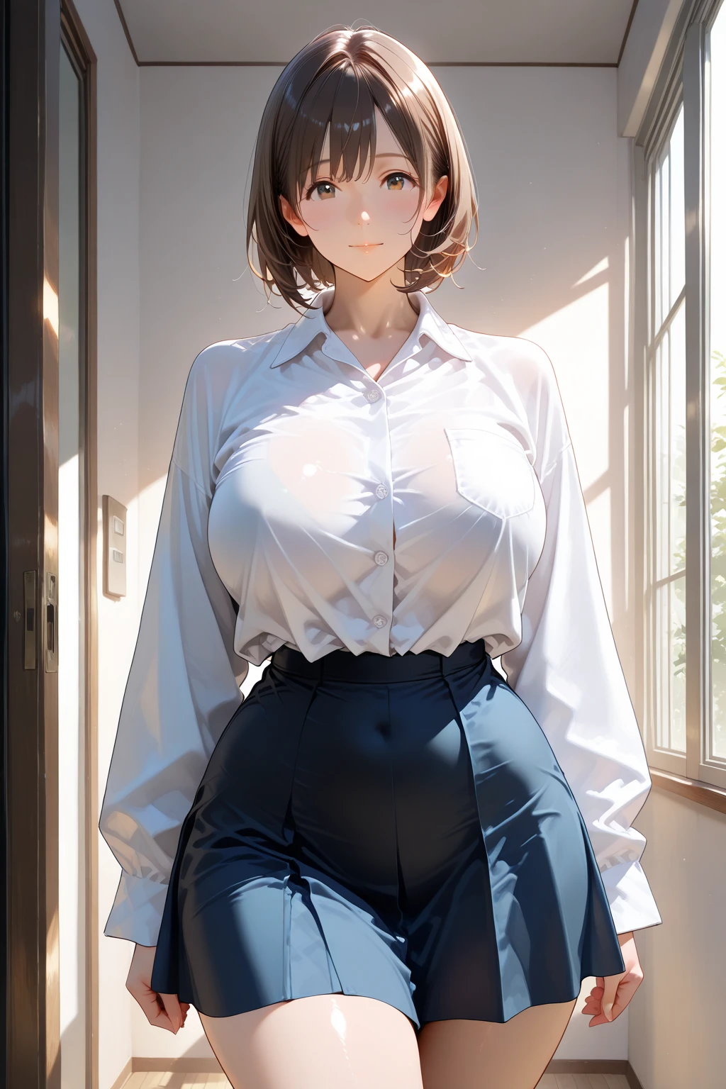 (NSFW, hentai), (masterpiece:1.2, Highest quality), (Realistic, photoRealistic:1.4), Beautiful illustrations, (Natural Side Lighting, Cinema Lighting),
Looking at the audience, Cowboy Shot, Front view:1.0, girl1名, Japanese, high school girl, Perfect Face, Symmetrical cute face, Glowing Skin,
(short hair:1.5, Straight hair:1.2, Brown Hair), flowing bangs, Dark brown eyes, Long eyelashes, (Big Breasts:0.6, Captivating thighs),
Beautiful Hair, Beautiful Face, Beautiful and beautiful eyes, Beautiful clavicle, Beautiful body, Beautiful breasts,Beautiful thighs
((White shirt, A white collared long-sleeved shirt is exposed., The pleated skirt is rolled up,Light Blue Bra, Light blue panties、White socks)),
(Beautiful views), evening, girl', (Cute Smile, Superior),
