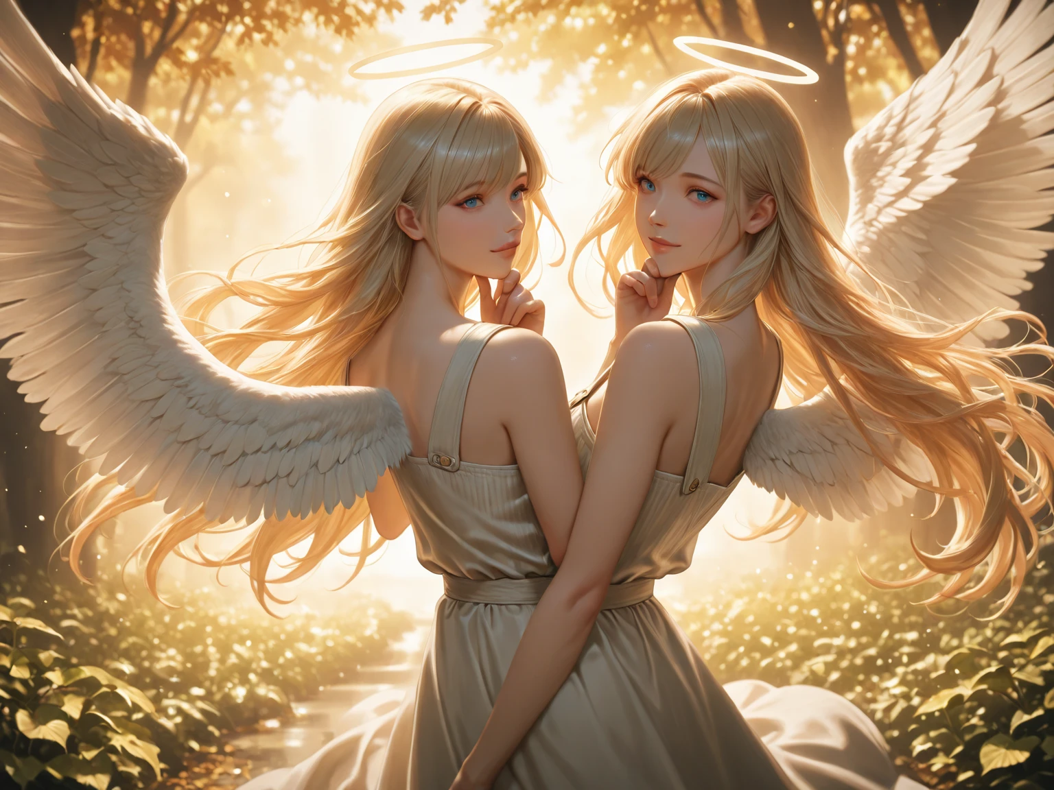(masterpiece:1.0), (best quality:1.4), (ultra highres:1.2), (photorealistic:1.4), 8k resolution, Canon EOS R5, 50m)), ((ethereal)), angels, paradise, wings, halo, soft light, beauty, peaceful, serene. in the heavenly paradise, ethereal angels with magnificent wings and halo they are perfect and her body remains the marble.their poses of unparalleled beauty. they are wearing a heavenly outfit with whithe feather perfecly fit in their backs, with amazing bodies and beautiful blue eyes))wearing also golden lace ribbons. ((in the paradise garden there is a fountain of youth with many trees and flowers around a big lake and marble palace and statues, raw, 8k, looking at viewer's high definition