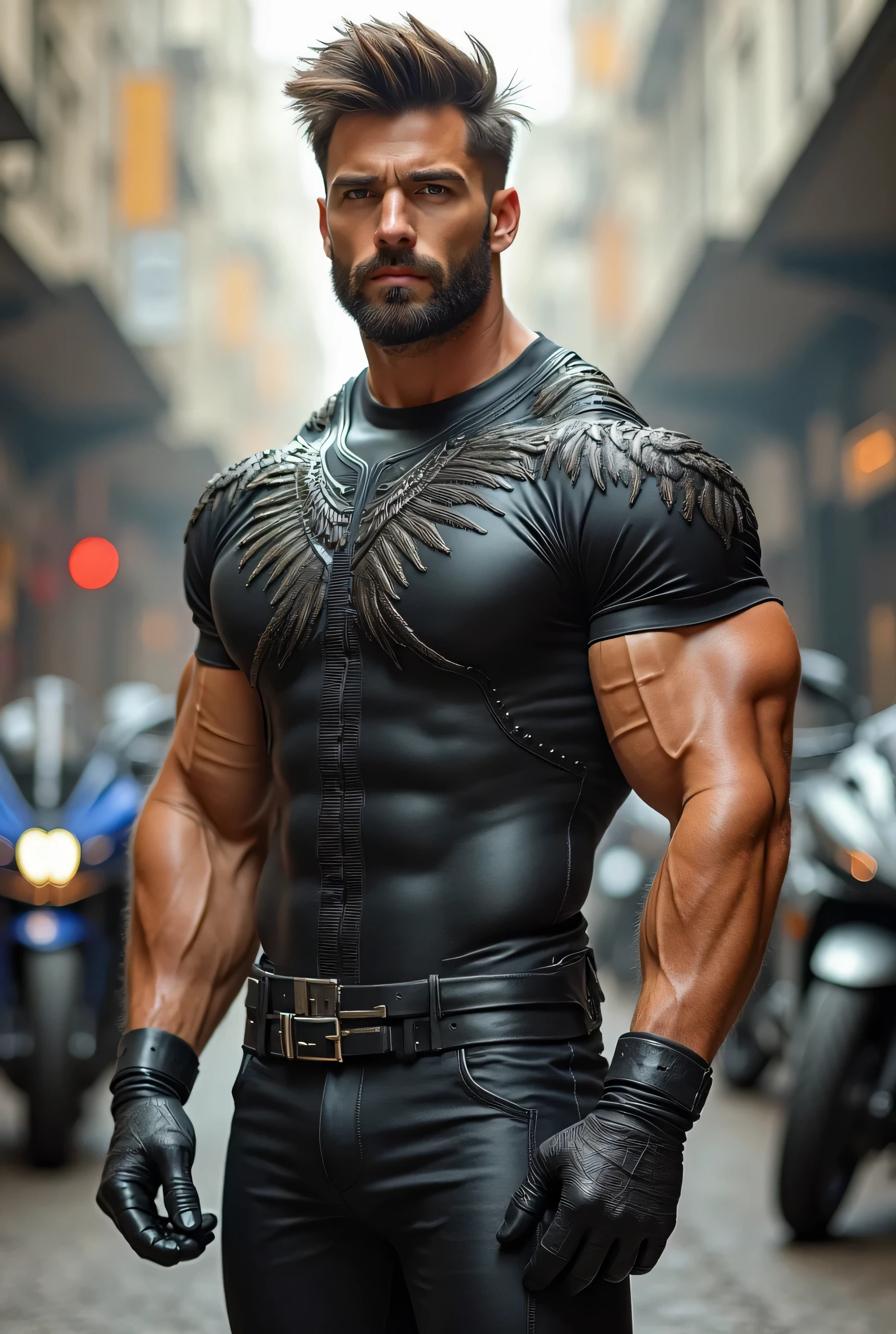 {
"prompt": "A very masculine 38-year-old man with a beard and wearing dark sunglasses, shown in a medium close-up shot displaying the upper part of his body. He is wearing a futuristic, sleek black armored jacket with subtle glowing blue accents. The background is a high-tech, cyberpunk cityscape at night, with towering neon-lit skyscrapers, flying vehicles, and holographic advertisements. The atmosphere is electric and vibrant, filled with the hum of advanced technology. The man stands confidently, his beard neatly groomed, exuding a sense of mystery and strength, perfectly fitting into the cutting-edge, cyberpunk environment.",
"size": "1024x1024"
}