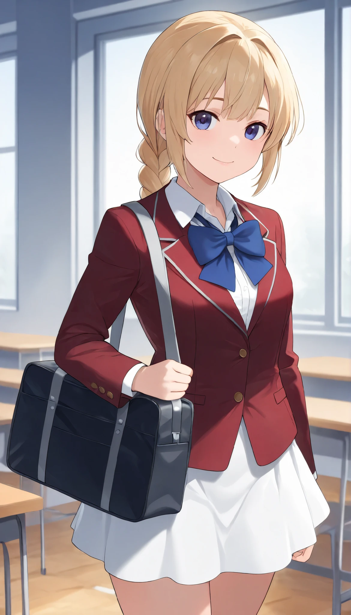 masterpiece, best quality, highres, ponytail hair, (single braid:1.2), hair ribbon, red blazer,buttoned blazer, blue bowtie, long sleeves, white skirt,standing in classroom,holding a school bag ,cowboy shot, smile,closed mouth, glossy lips