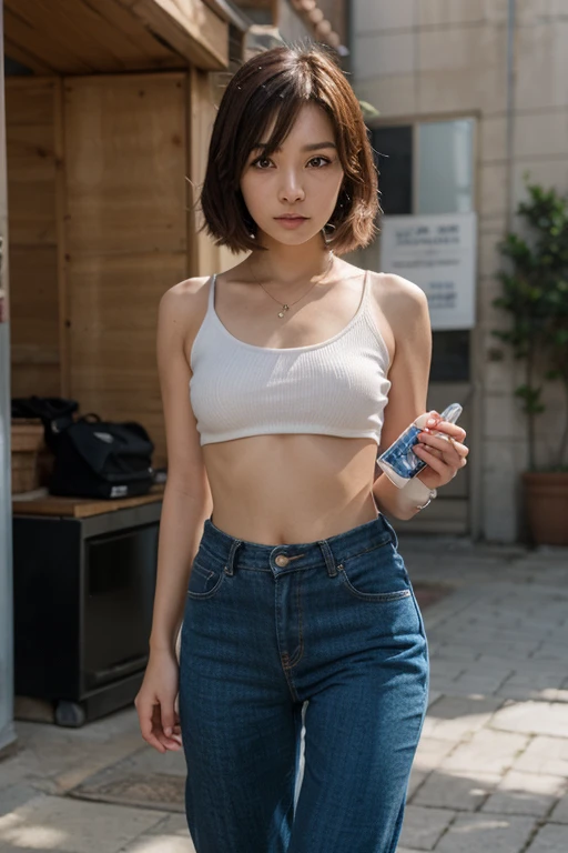 1girll，fully body photo, whitet-shirt, Wear denim shorts， photo of slim girl model, Asymmetrical bangs，short detailed hair, Red hair，smallunderboob，Walk the streets in fashion，korean women's fashion model, casual clothing style, in fashion style, Trendy clothes, Solo, Detailed background, street fashion outfit, modern fashion outfit,, sexy girl wearing shorts, street fashion outfit, Simple style, very beautiful slim legs，Photorealistic, Street photography, Masterpiece, Realistic, Realism, Photorealism, High contrast, artstation 8k，High-definition realistic digital art trends, Detailed, Skin texture, ultra - detailed, Realistic skin texture, armature, Best quality, 超高分辨率, (Photorealistic:1.4),, high resolution, Detailed, RAW photo, Sharp Re, Port Kodak 400，Camera f1.6 shots，rich colours，The ultra-realistice，Realistic textures，dramatic  lighting，unreal-engine，The trend is on the ArtStation Cinestill 800,