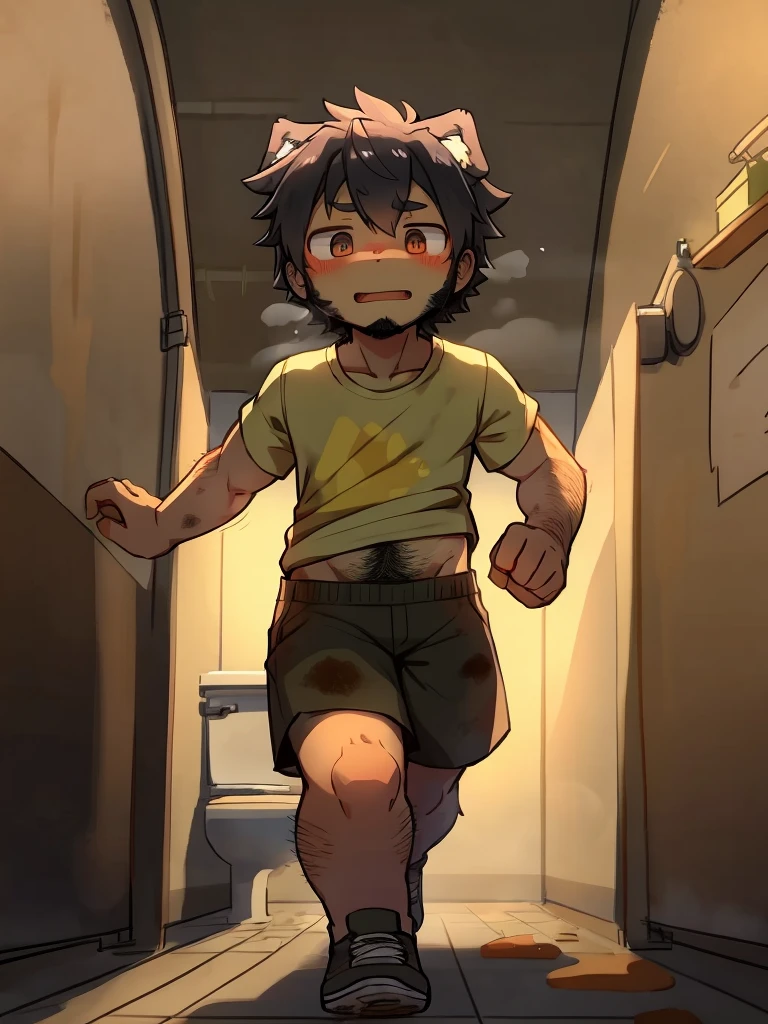 Public toilets,Embarrassing,Urinating(Standing Pee,)Are standing,black eye,1 ,Little Boy(6 years old),2 block short,Black Hair,blush,Black Shirt,Beige boxer briefs with holes(Penis protruding from underwear),Grey shoes,summer,From below,Cowboy Shot,Please open your mouth wide,shy,Embarrassing,surprised