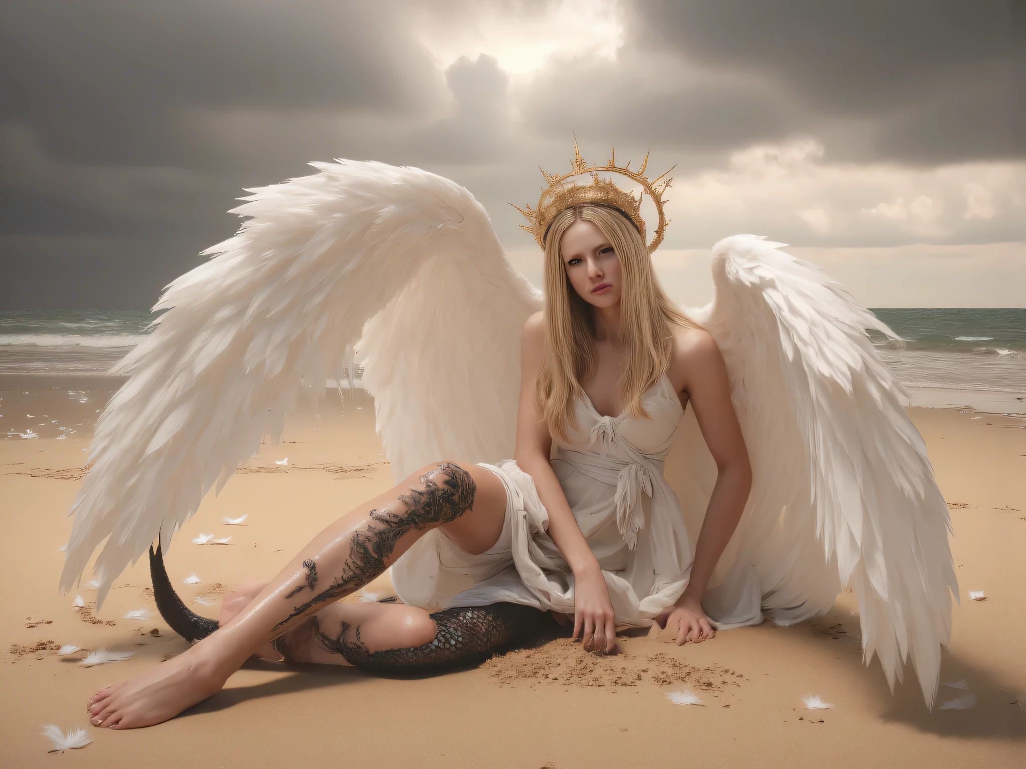 ethereal young angel girl, porcelain fair skin, flowing white silk dress torn and tattered, magnificent white feathered wings spread wide, desperately crawling on golden beach sand, dramatic transformation scene, upper body remains pure and angelic with innocent face and golden hair, horrific metamorphosis from waist down, legs gradually morphing into demonic form, right leg still pristine and delicate, left leg twisted and transformed into dark scaled demon flesh, emerging devil tail with sharp tip, dark purple-black veins spreading upward, scattered white feathers on sand, ominous storm clouds gathering above, rays of divine light breaking through clouds illuminating angel half, dark shadows creeping around demon half, high detail, dramatic lighting contrast, cinematic composition, photorealistic style