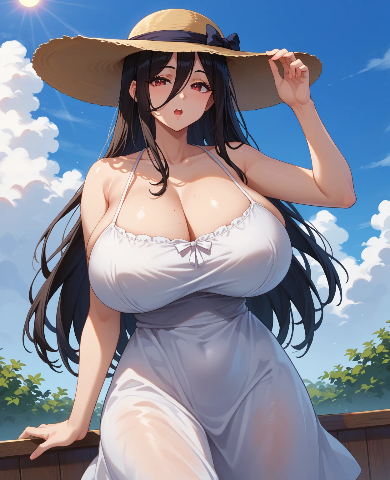 Beautiful woman with exquisite figure, she has big round hanging tits, a thin waist with a strong abdomen, wide hips and strong and sexy thighs,round butt in the shape of a drop of water, tasty buttocks, she wears a scarecrow outfit, torn burlap outfit, straw hat, straw hair torn sexy revealing overalls, ((plain white background)),lineart monochrome
