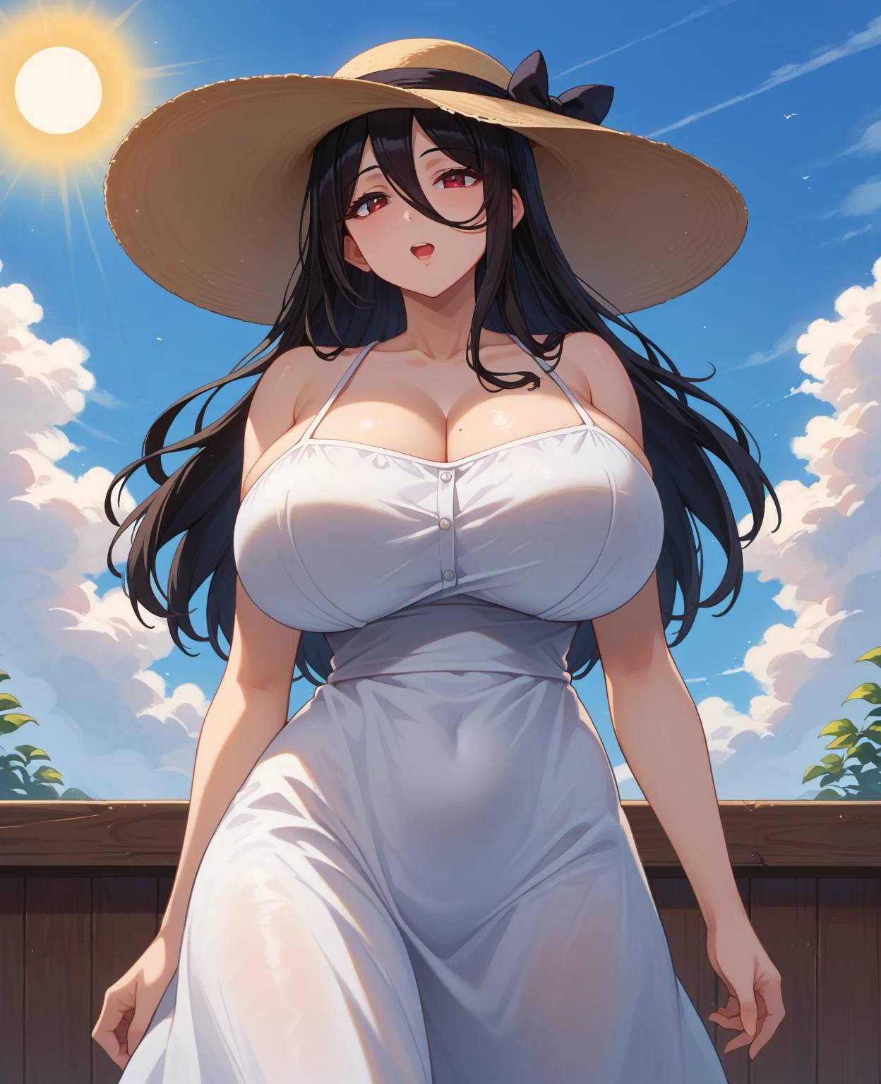1girl, solo, long hair, breasts, looking at viewer, blush, smile, bangs, large breasts, black hair, red eyes, thighhighs, hat, dress, cleavage, bare shoulders, jewelry, closed mouth, standing, collarbone, thighs, earrings, outdoors, sky, sleeveless, day, white dress, arm up, bracelet, tree, bare arms, sleeveless dress, fishnets, sun hat, straw hat, sundress, hand on own thigh, fishnet thighhighs, halter dress
