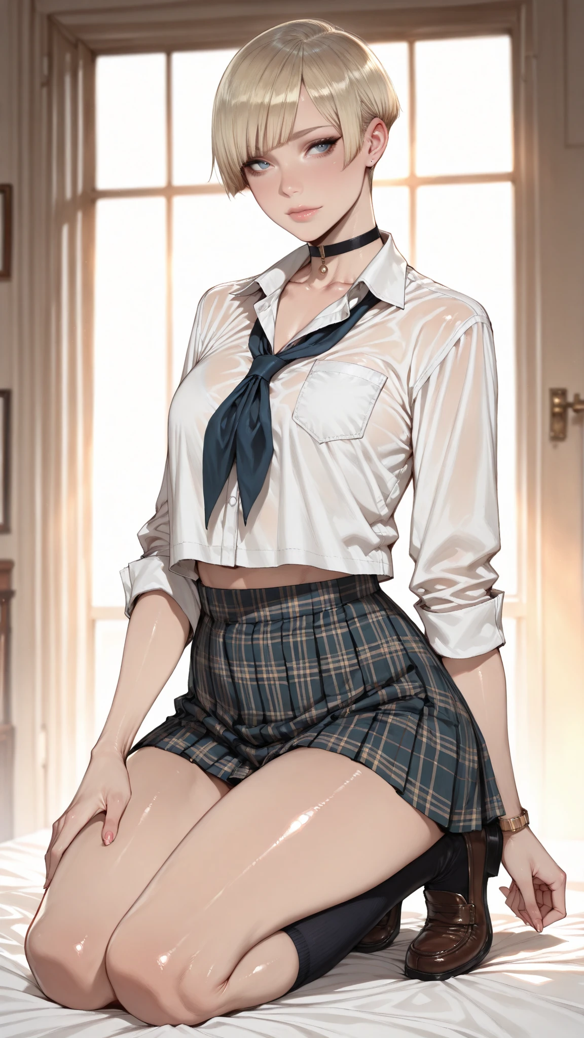 blond hair, Hair, ahoge, Raised eyebrows, sparkling eyes, green eyes, shy smile, atmospheric perspective, anime style, Cinematic lighting, glowing light, wide angle, 8 k, Best quality, masterpiece, high detail, high quality, slender and fit young girl, perfect flat chest, Thin waist, pioneer neckerchief, blue microskirt, bang, White shirt, short sleeves, collared shirt, belt, eyelashes, red neckerchief, chest pocket, know-v1, died_Alessia