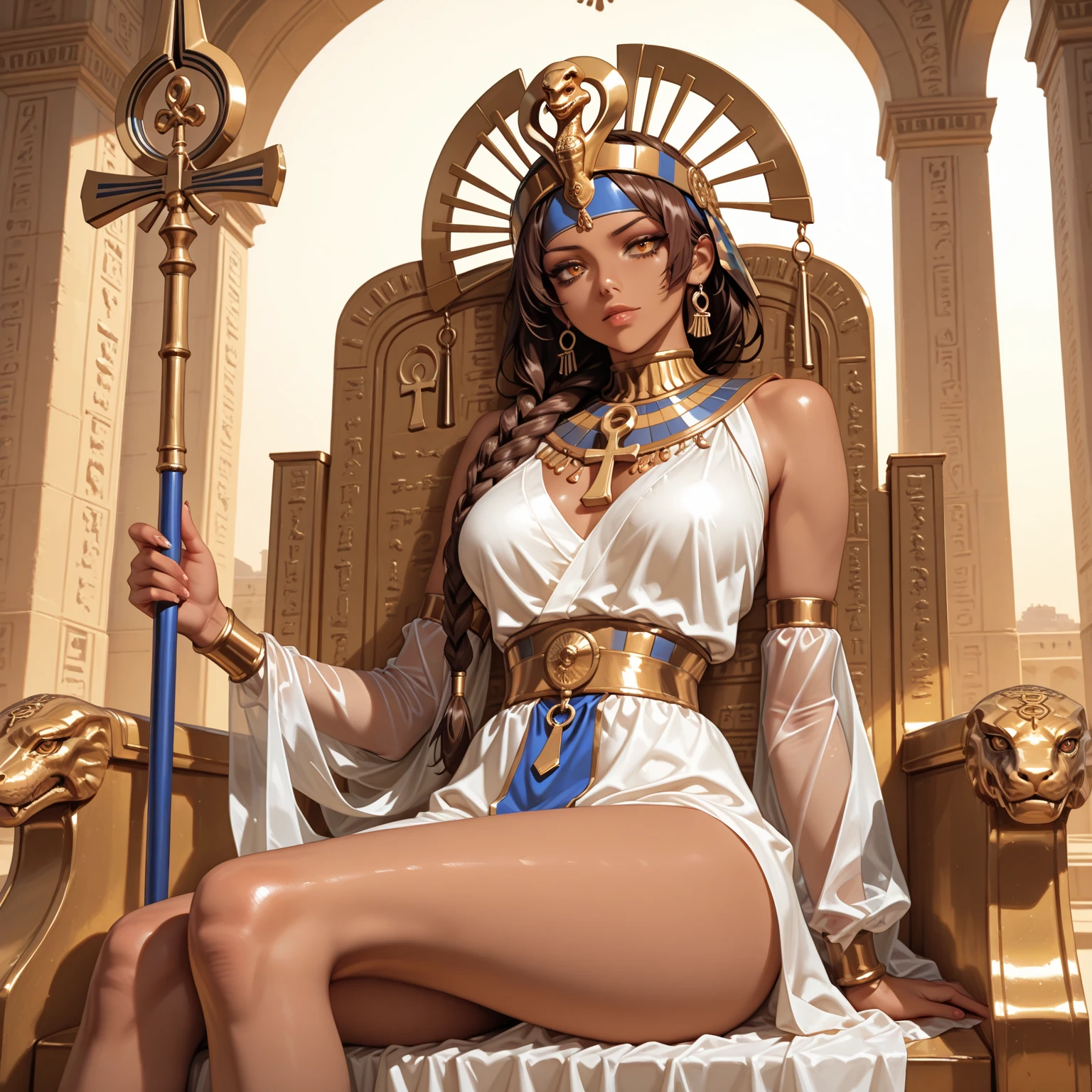 brunette color hair，Raised sexy，short detailed hair，egyptian style，Raised sexy，Royal Sister，Beautuful Women，Royal Sister，offcial art，Unity 8k wallpaper，The background glows，ultra - detailed，Aesthetics，tmasterpiece，best qualtiy，realisticlying，illuminating，Frankness，photore，A high resolution，4K，8K，Photoreal