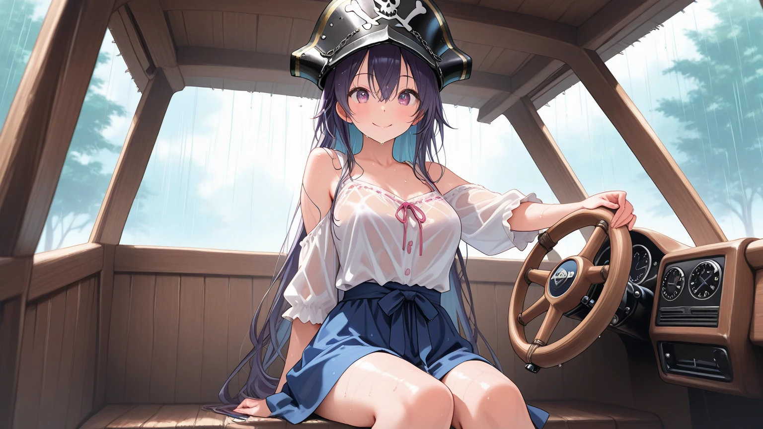 Nera、Hair Ribbon、Earrings、chest、Sash、(Highest quality、masterpiece、RAW Photos、Super detailed:1.2)、1 girl、小さなchest, Sitting, Upper Body, Turn your body forward, hot, Sweating a lot, Wipe away sweat, looking at the camera, Ocean, On the boat, Sad