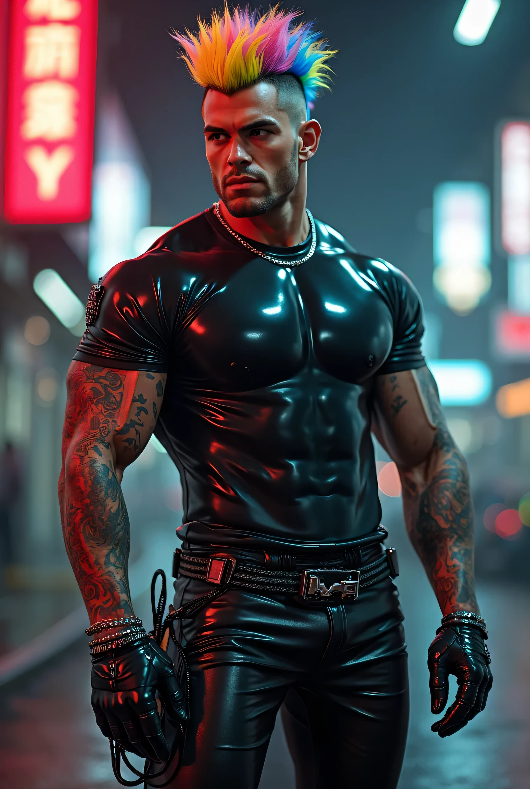 Masterpiece, denoise, void noise, one man, best quality, 8k resolution, male focus, focus only, amazing composition, volumetric lighting, super quality, elegant, Very detailed, front view, facing viewer, -----------, 35 years old, mature face, muscular, Caucasian, (((white skin, pale skin))), handsome, (detailed light-blue eyes), ((light blonde hair, messy medium hairstyle)), big ears, (hairy pectorals, thick plenty chest and body hair), (medium long beard), (((((Jim Sturgess mixed with Russell Tovey))))), (((big , perky ))), ------------, ((((detailed cyberpunk pants)))), ((((cyberpunk sleeveless vest)))), 