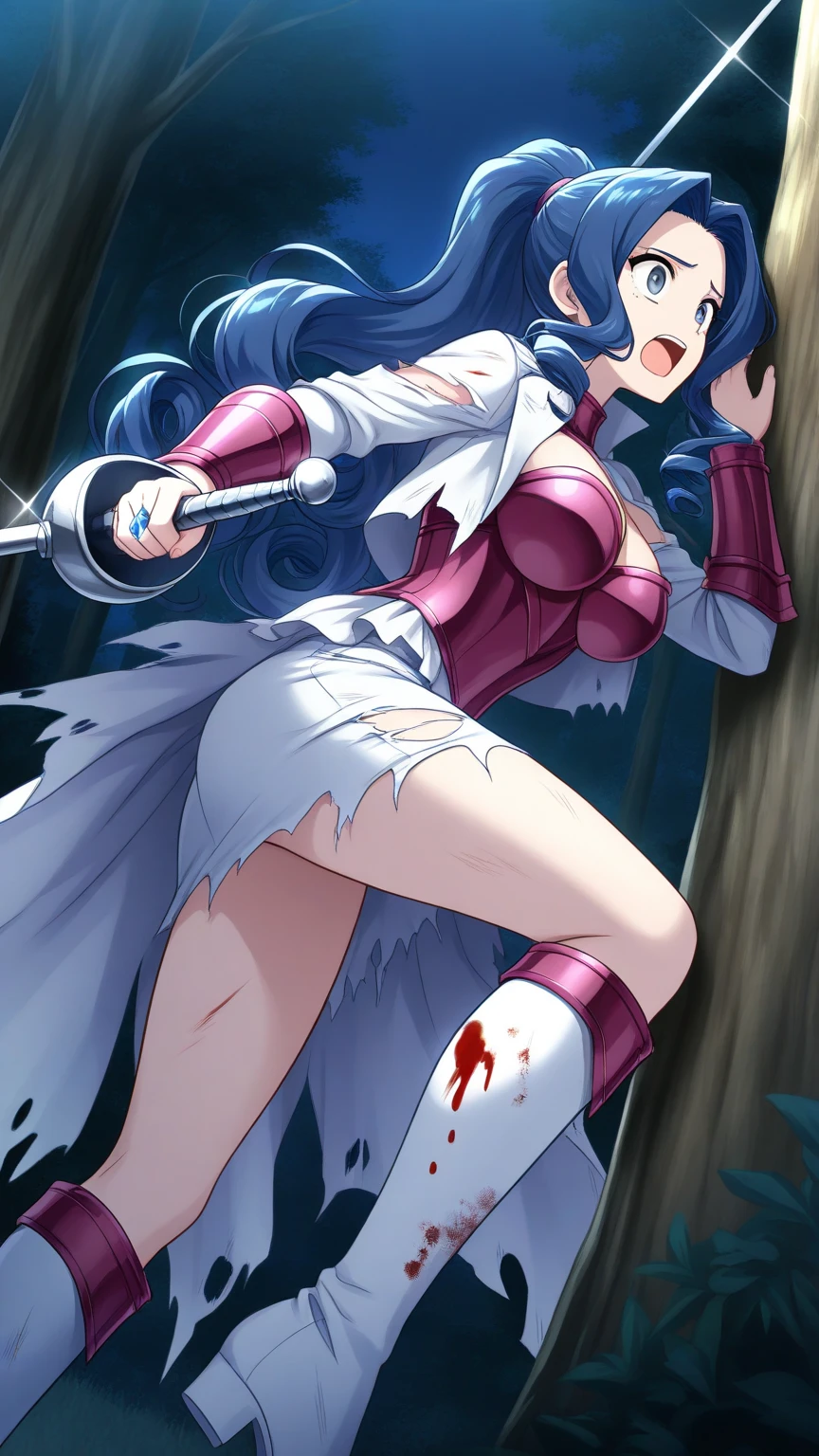 ((1 girl,20 years old,mature female)),long hair,solo,white hair,long hair,(((white skin,pale skin,colored skin))),(((hair over one eye))),(((naked bandage,white pleated mini skirt))),pink eye,elf ear,(sensual expression,blush,smile,sexy)),bare belly,( ,nighr,full moon),sensual pose,portrait