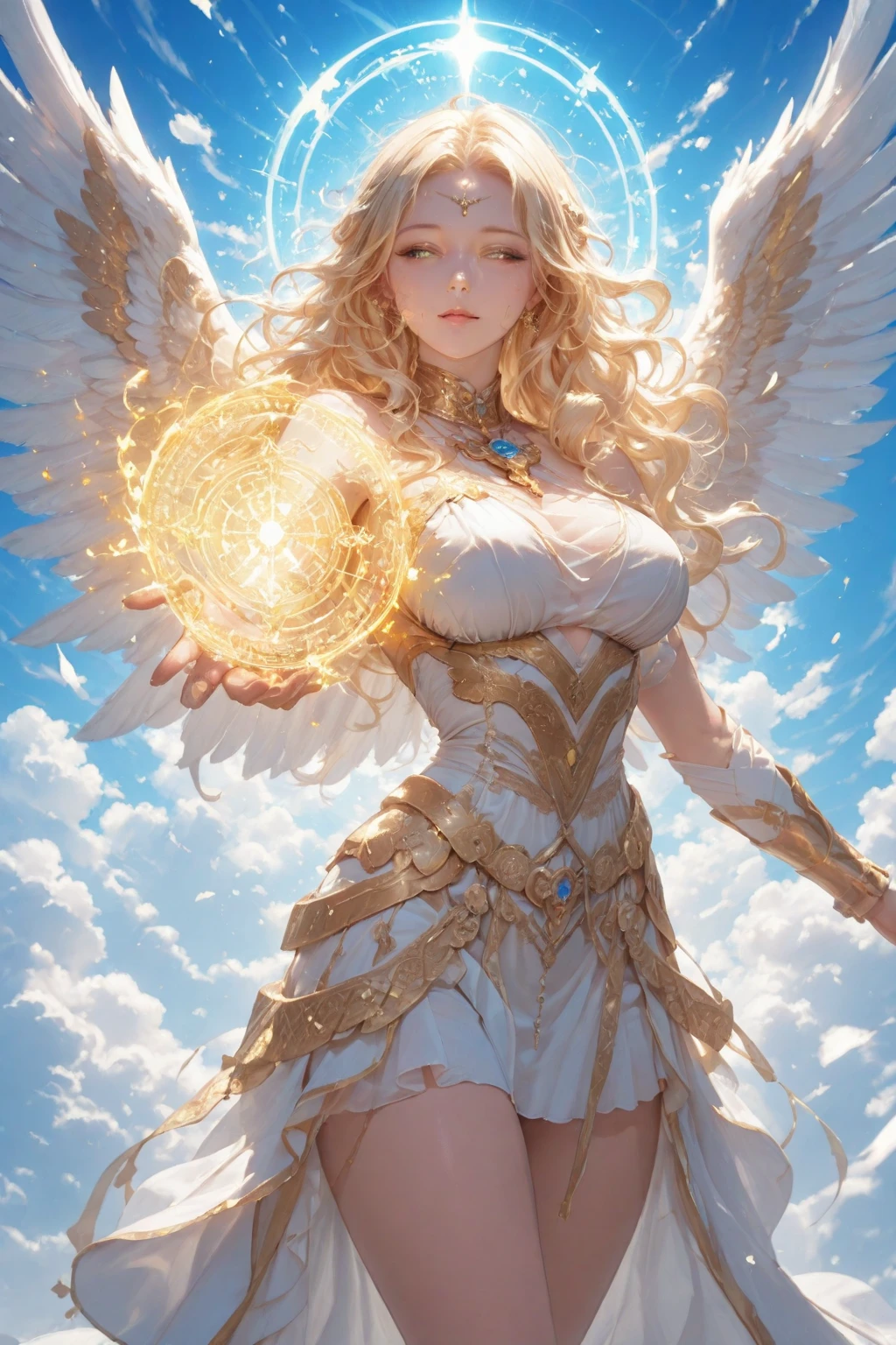 A goddess or angelic-looking woman with wavy blonde hair and a serene, big breast, graceful facial expression. She wears a sexy white and gold short gown, adorned with rich gold accents, and a pair of large, majestic golden and white wings on her back. In her left hand. Her right hand is extended forward, emitting a circle of yellowish-orange energy with complex runic or magical patterns. The background is a bright blue sky with white clouds and shining divine light, creating a heavenly and powerful atmosphere.