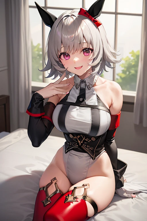 Anime, Sexy, ((The costume is made of metal:1.5)), ((In Kyoto Animation Style:1.5)), super precision, ​masterpiece, very extremely beautiful, Princess Face, ((1人の女性)), ((Solo:1.5)), ((Pink hair:1.5)), ((BobKat 1.5)), BREAK, ((Black eyes)), Short hair, ((Straight hair)), BREAK, ((The costume is silver:1.5)), BREAK, ((Taimanin suit:1.5)), ((Leotard)), (Thigh boots), Professional Lighting, (25-years old), Narrow waist, Shiny skin, ((Oiled skin)), glistning skin, Looking at Viewer, Cowboy Shot, Dynamic Pose, is looking at the camera, inside in room, Sexy, A slight smil, Slightly open mouth, ((Cute)), is standing, ((Hands behind your back)), Ultra-fine eyes, Ultra-fine face, ((Black pleated skirt:1.5)), ((thin lips:1.5)), Sexy, ((drooping eyes)), A slight smil, Latex, Sexy, ((portlate:1.5)), faces, Hands on your back, Positive image, Sexy, Shoulders come out, big breasts,