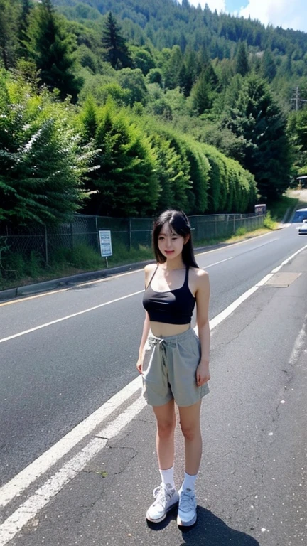 (​masterpiece, top-quality, 8K Picture Wallpaper, Hi-Res, realisitic), 1girl in, Solo, portlate, A detailed eye, hyperdetailed face,  large full breasts、I can see panties、garterbelts、My skirt is flipped up and I can see my panties.、no-bra、cute  face, japanes, Colorful fabric、full body Esbian, shorth hair, Black eyes, rucksack, in mountains, Attractive eyes, Detailed lips, Detailed hand, Detailed feet, Detailed nose, A detailed face, Gentle expression, thin lips, pleased, trecking, hiking, trekking boots, plein air, a closed mouth, large full breasts, Small eyes, Blouse, camera="Sony a7 IV"; lens="Tamron 28-200mm Boobs F/2.8-5.6 Di III RXD"; "shibori=F/6.3"; "Shutter Speed=1/1600 seconds"; "...ISO=100"; Photorealistic, mont々a panoramic view, Photographed with a high-end mirrorless camera, breathtaking shot, majestic view, stunning photo, Dramatic, 8K;