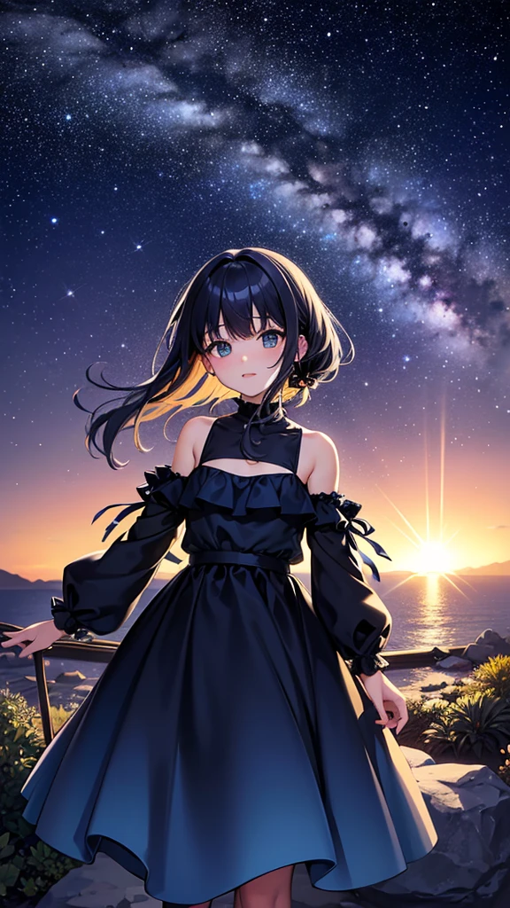 (8k, Highest quality, masterpiece: 1.2),Ultra-high resolution,1 girl, solo, Color changing eyes, Ultra-detailed, Expressive eyes, Highly detailed face, ass pov, Victorian dress、Random Hairstyles、Random hair color、Midnight、Out of the window、Starry Sky, clavicle, Ecstatic expression, Cleavage,wariza, Cowboy Shot