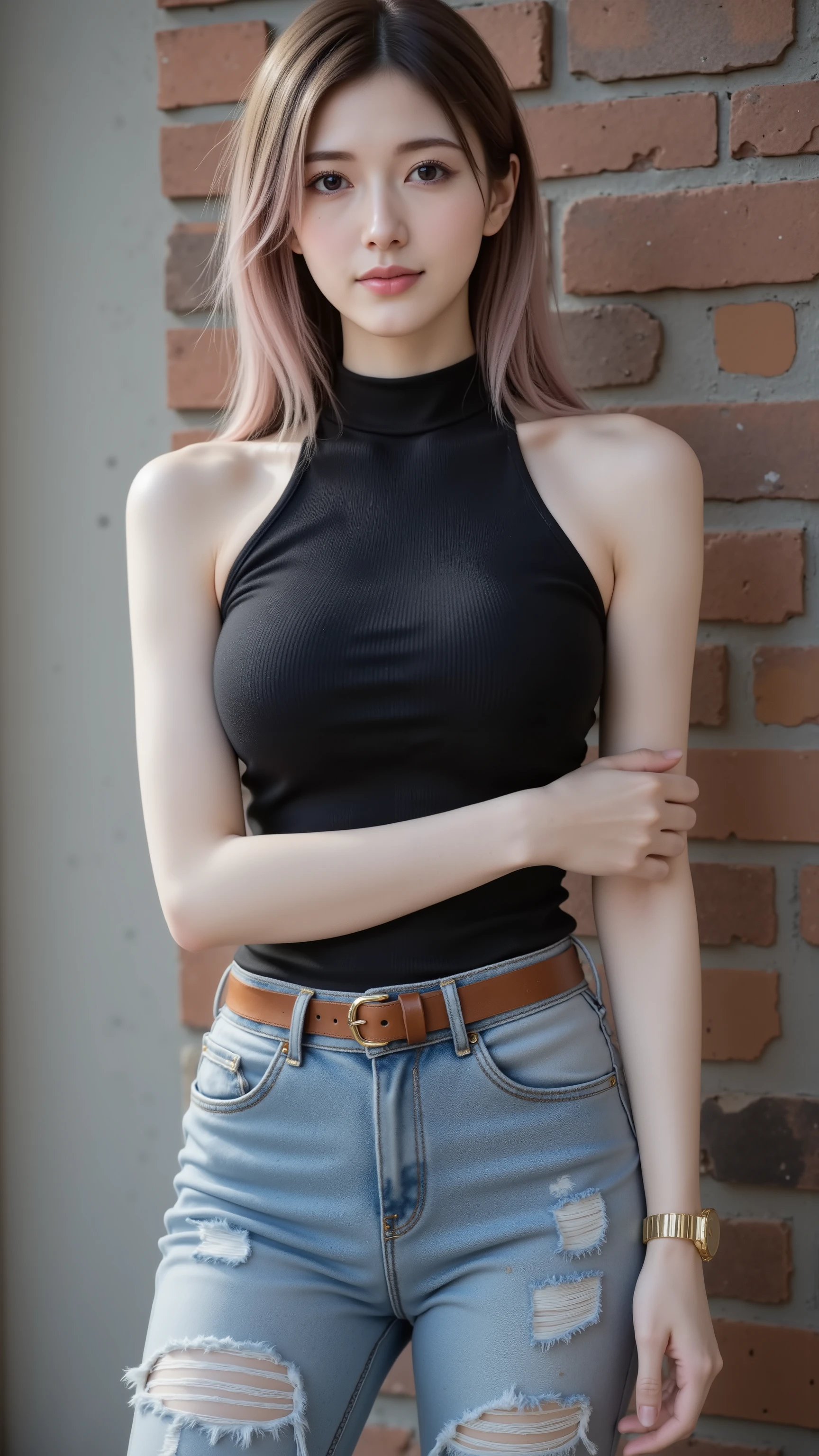 1 young russian girl,(seductive smile ),(Exposed breasts),((sagging breasts)) ,(((skinny))), 19yearolds,((long. dark-black hair mixed with white and blonde hair pink embre,short-line hair cut with a layer style)), RAW photo, (best quality),high resolution, Ultra detailed, masterpiece,(photorealistic: 1.6), (realistic skin texture: 1.5), Show off beautiful hips, gigantic cleavage breasts, bare breast, (plump breasts), beautiful tit,Top: A young woman wears a tight black tank top, cut close to the body, showing off the shoulders and back prominently, giving a sexy and confident look.
Pants: Loose-fit faded jeans (Loose Fit or Boyfriend Jeans) with ripped details at the knees and thighs, adding a cool street style.
Belt: A caramel brown leather belt, helping to clearly divide the waist and hips, and adding a little vintage touch to the overall look.
Accessories: A gold wristwatch (may be gold or rose gold) to enhance the look to look expensive.
A young woman stands in a position slightly facing the camera (about 3/4 profile), turning her face back to look straight ahead, her right hand hugging her left arm in a position similar to hugging herself, giving a feeling of confidence but also softness.
The eyes stare at the camera with charm, combining sweetness and decisiveness, straight hair down to the chest, left natural.
Hair parted slightly in the middle or slightly to the side, looking simple and natural.
Hair looks healthy, with a little volume at the ends.
Studio lights or flashes shine directly from the front, making the face and skin stand out, smooth and clear, without shadows of the model very light. This shows that the light is quite soft (soft light) to highlight the skin.
The reflections on the glasses and accessories add dimension and highlight to make the picture more interesting.
Background: It is a wall mixed with 3 materials: