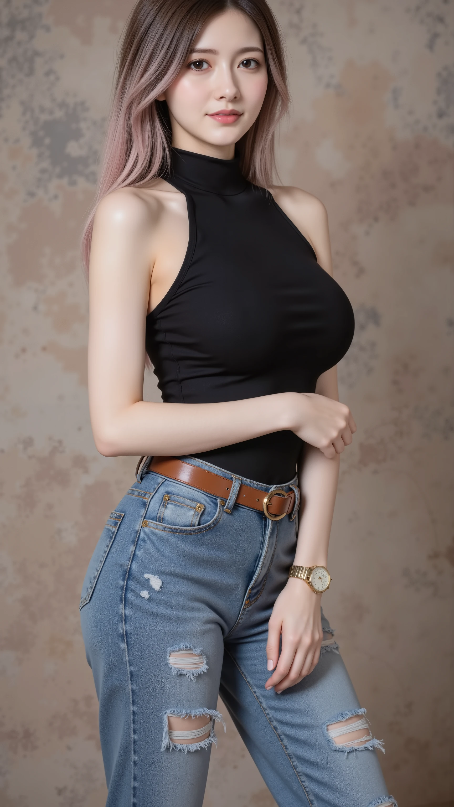 1 young russian girl,(seductive smile ),(Exposed breasts),((sagging breasts)) ,(((skinny))), 19yearolds,((long. dark-black hair mixed with white and blonde hair pink embre,short-line hair cut with a layer style)), RAW photo, (best quality),high resolution, Ultra detailed, masterpiece,(photorealistic: 1.6), (realistic skin texture: 1.5), Show off beautiful hips, gigantic cleavage breasts, bare breast, (plump breasts), beautiful tit,Top: A young woman wears a tight black tank top, cut close to the body, showing off the shoulders and back prominently, giving a sexy and confident look.
Pants: Loose-fit faded jeans (Loose Fit or Boyfriend Jeans) with ripped details at the knees and thighs, adding a cool street style.
Belt: A caramel brown leather belt, helping to clearly divide the waist and hips, and adding a little vintage touch to the overall look.
Accessories: A gold wristwatch (may be gold or rose gold) to enhance the look to look expensive.
A young woman stands in a position slightly facing the camera (about 3/4 profile), turning her face back to look straight ahead, her right hand hugging her left arm in a position similar to hugging herself, giving a feeling of confidence but also softness.
The eyes stare at the camera with charm, combining sweetness and decisiveness, straight hair down to the chest, left natural.
Hair parted slightly in the middle or slightly to the side, looking simple and natural.
Hair looks healthy, with a little volume at the ends.
Studio lights or flashes shine directly from the front, making the face and skin stand out, smooth and clear, without shadows of the model very light.  This shows that the light is quite soft (soft light) to highlight the skin.
The reflections on the glasses and accessories add dimension and highlight to make the picture more interesting.
Background: It is a wall mixed with 3 materials:
