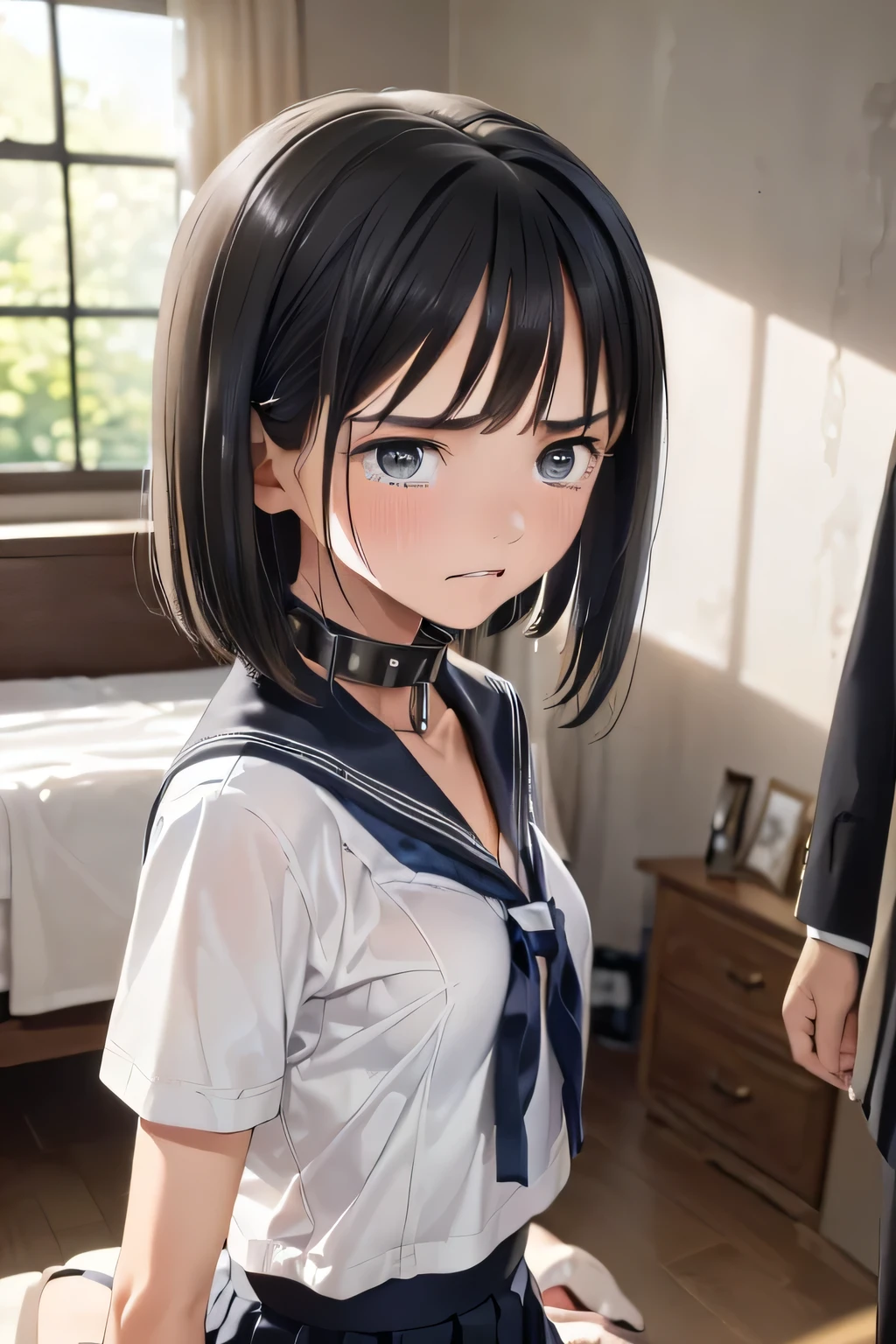 (masterpiece, Best Quality, 8K,Raw photo, High resolution:1.7), (led away, escorted by boy, 1 girl, 1 naked boy, upper body, looking at viewer, arms behind back, sitting on the bed:1.5), (a lot of teardrops, Frowning, screaming, crying, sobbing, tearing, tearful, full-face blush, embarrassed, shyness:1.5), (dark background, night, indoor, Closed bedroom, soft indoor light, double bed, stone wall, night view:1.5), (Candid, Sophisticated, Thin arms, Narrow waist, Slim body, slim legs, Slender girl:1.5), (Bokeh:1.7), (cleavage, flat chest:1.5), Beauty, (school sailor uniform, blue ribbon, short sleeve, pleated skirt, chained slave metal collar with studs:1.5), (short hair, black hair, black eyes:1.8), (forehead:1.3)