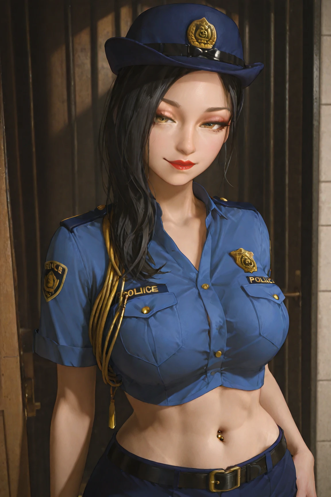 The highest image quality，excellent detail，The ultra-Highres，The Police of the Future，She is wearing a futuristic SWAT uniform，She stood in front of a police car，Sturdy body，Sexy and sturdy，Detailed abs，Detailed muscle lines，dynamicposes，natta，Futuristic City Street View Background，Neon lights，Technological sense，future tech，Very detailed cyberpunk style，Cyberpunk persona，Highly detailed police uniform，Highly detailed police hat，Highly detailed police force，Highly detailed police badges，Very detailed armbands，Very detailed police strip，Highly detailed epaulettes，Wearing a police cap，Very delicate electric baton，Highly detailed guns，The Gun of the Future，intercom，Wireless devices，Very fine handcuffs，Highly detailed police equipment，Highly detailed police cars，Police cars of the future，frontage，full body photograph，look from bottom to top，Down from the bottom, lookin at viewer，machinery