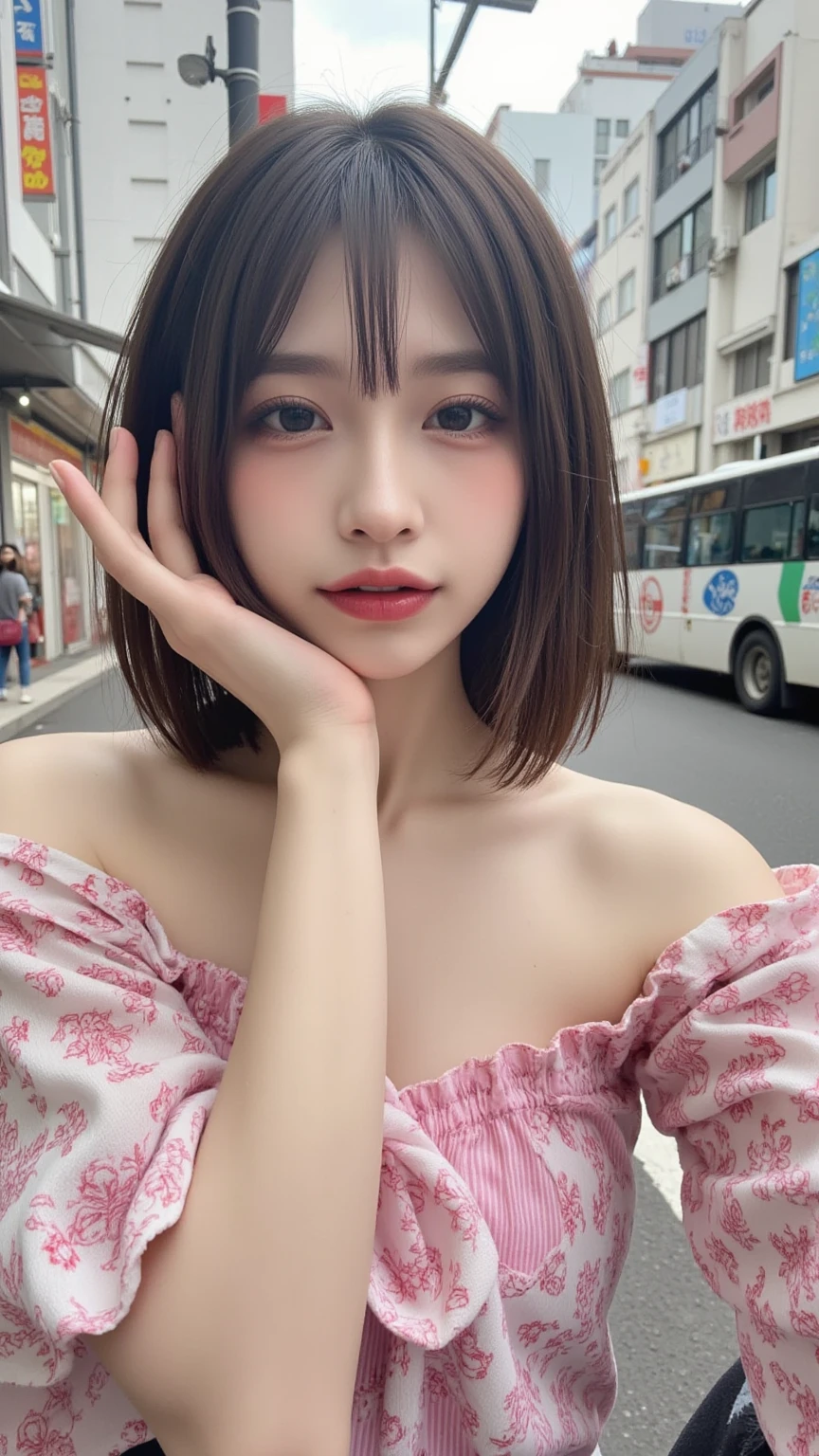 ((Best quality, 8k, Masterpiece: 1.3)), Sharp focus: 1.2, A beautiful woman with perfect body: 1.4, Slim abdomen: 1.2, ((Layered haircut, Large breasts: 1.2)), () (Small and beautiful hard ) (Thin and damp button up to shirt length: 1.1), (White shirt wet by rain), (Rain, Street: 1.2), Wet body: 1.1, Highly detailed face and skin texture,  Detailed eyes, Double eyelid, tanned skin, sexy, tan, dark skin, tanned body,  shoulders, cleavage