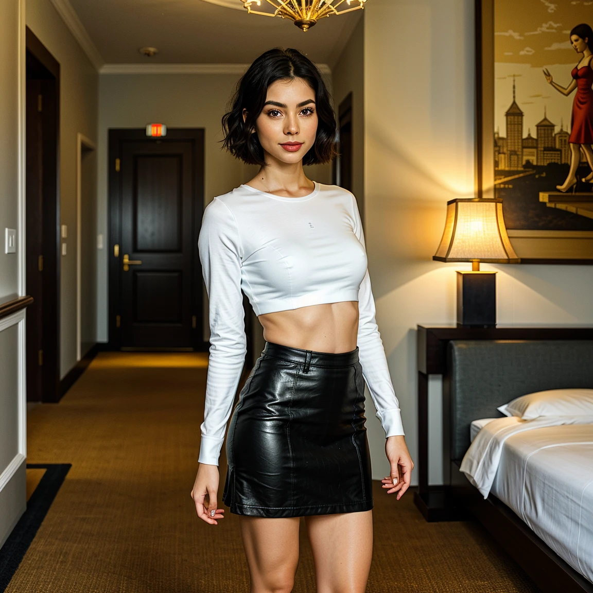Light skinned woman, black wolfcut hair, dominant vibe type of facial features, early to mid 30s, tall, wearing business suit with a blouse and a short skirt with heels, light make up, red lipstick.