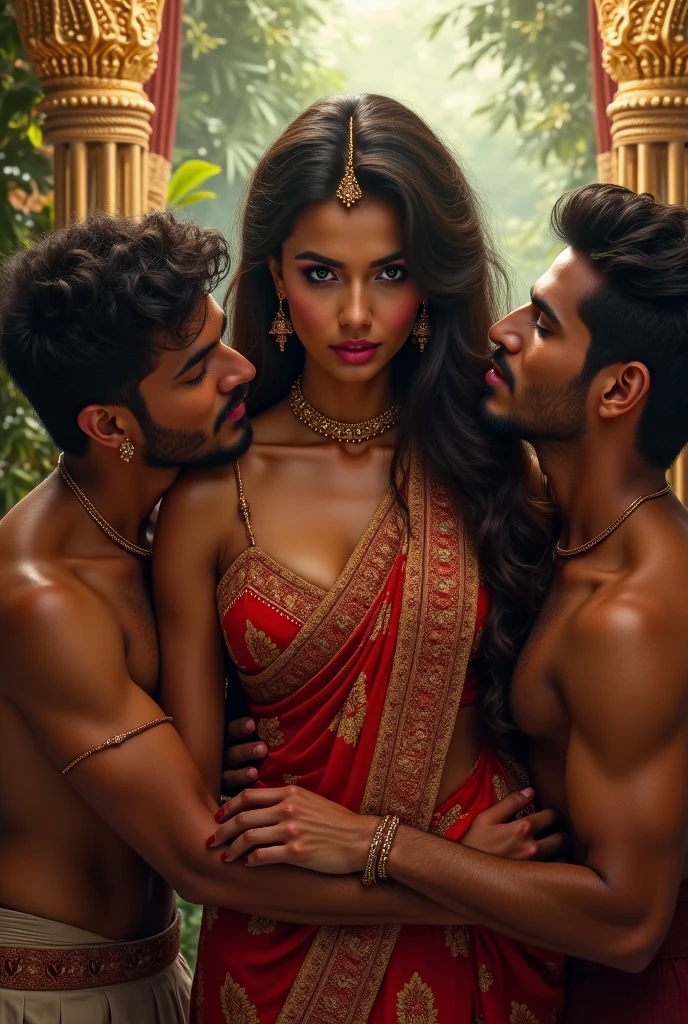 India girl, short hair, no blouse, dark green saree, lying down, pallu fallen down from chest, standing beneath 4 strong men topless in white caps and lungi