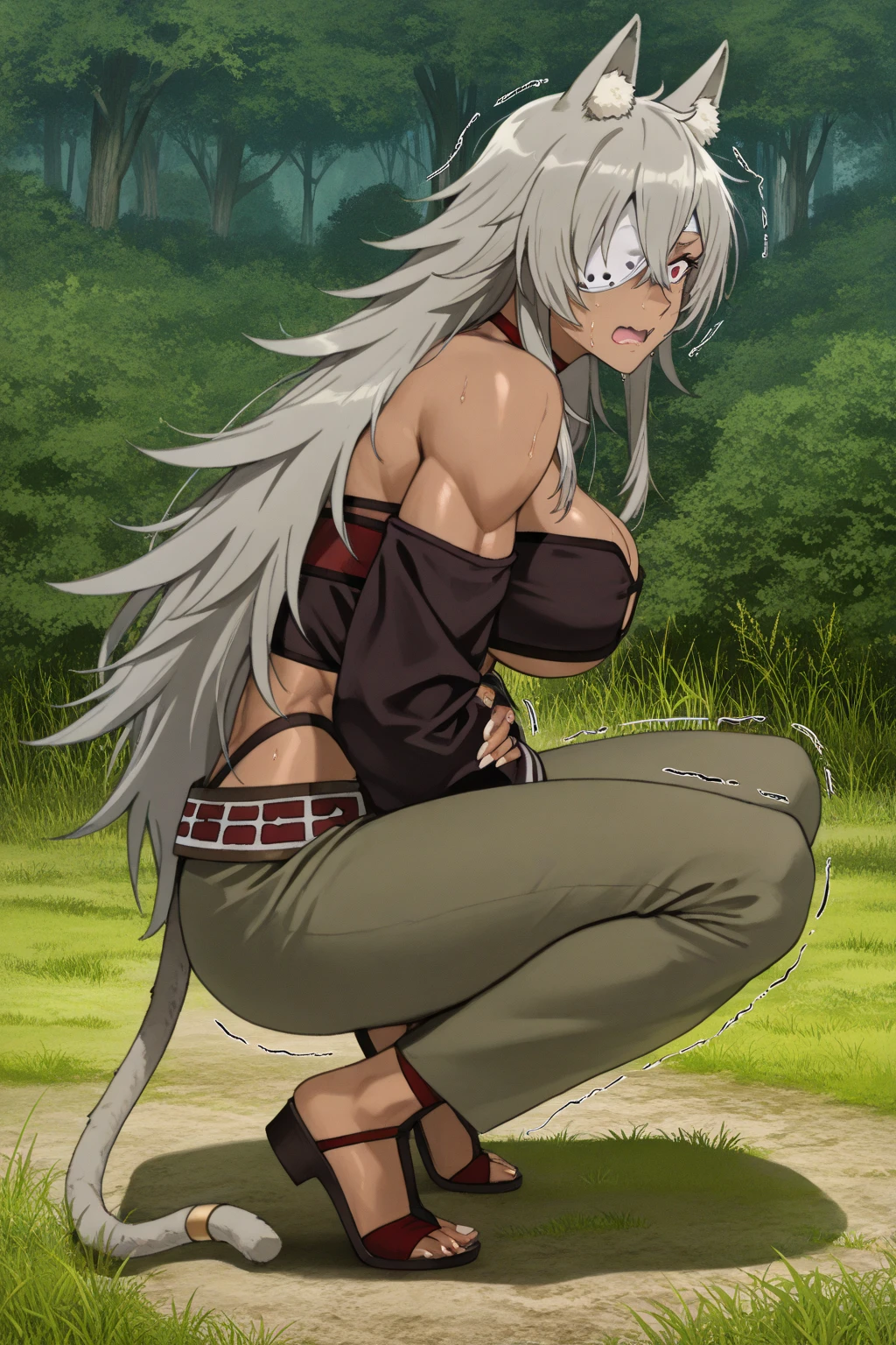 Best quality, masterpiece, super high resolution, Dark skinned female, cat ears, platinum hair, punk-ish aura, brown eyes, leather eyepatch, red choker, skimpy string bra, leather fur jacket, unzipped pants, string panties, loose belt, muscular body, large breast, shoulders up, sword on belt. Character deladola ghislaine mushoku tensei, pussy
