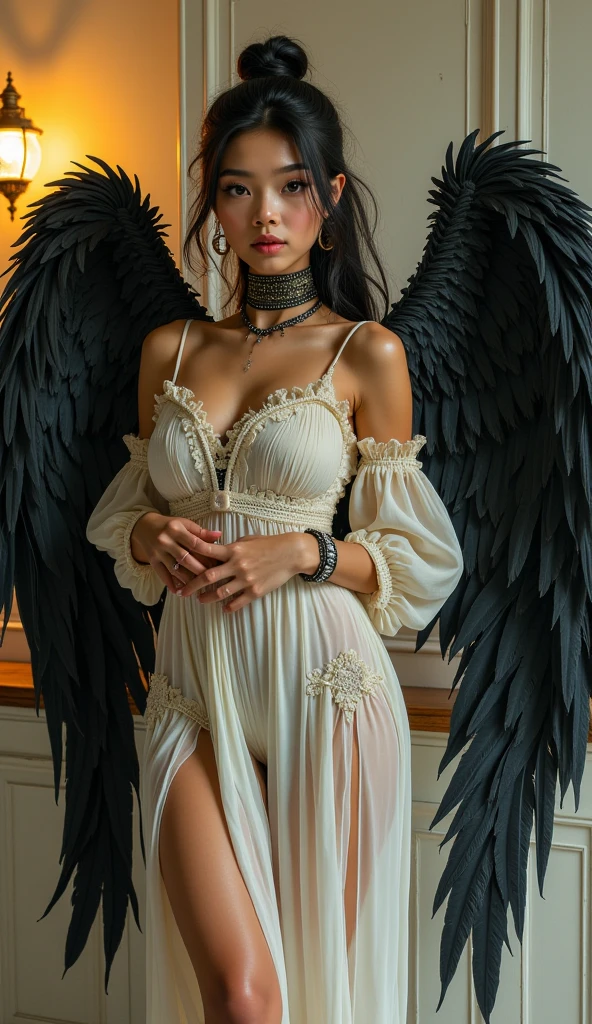 cowboy shot, (black wings:1.2), very long hair, side ponytail, choker, holding, off shoulder, (sheer white dress:1.3), white jacket, halo, panties pulled to one side