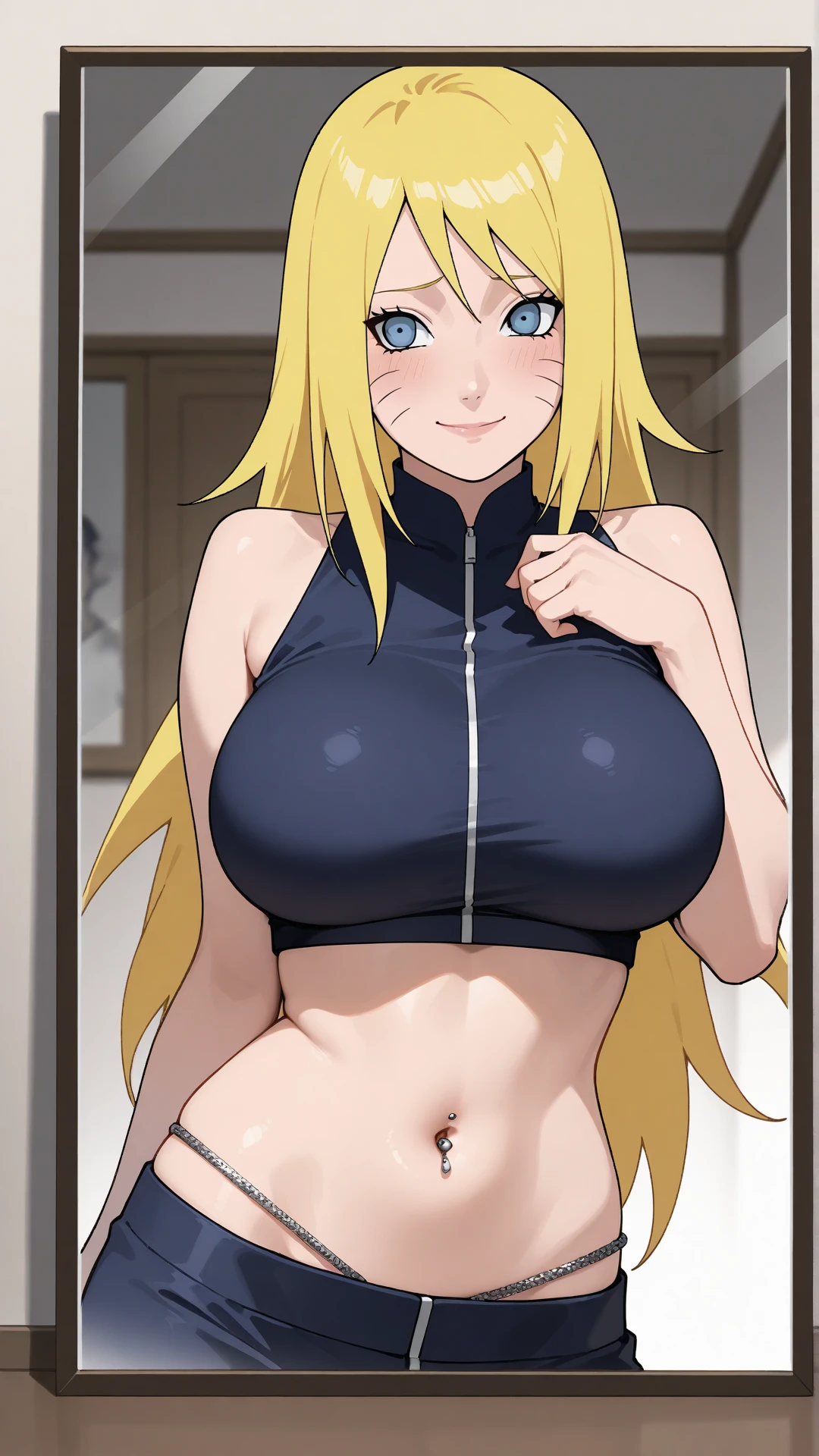 masterpiece, best quality, extremely detail 8k cg, high resolution, 1girl, tsunade, blonde hair, long hair, blue eyes, thin body, naked, sweating, extra large breasts, sitting, chair, pleasure face, indoors, bedroom, beautiful face, nsfw, medium full shot