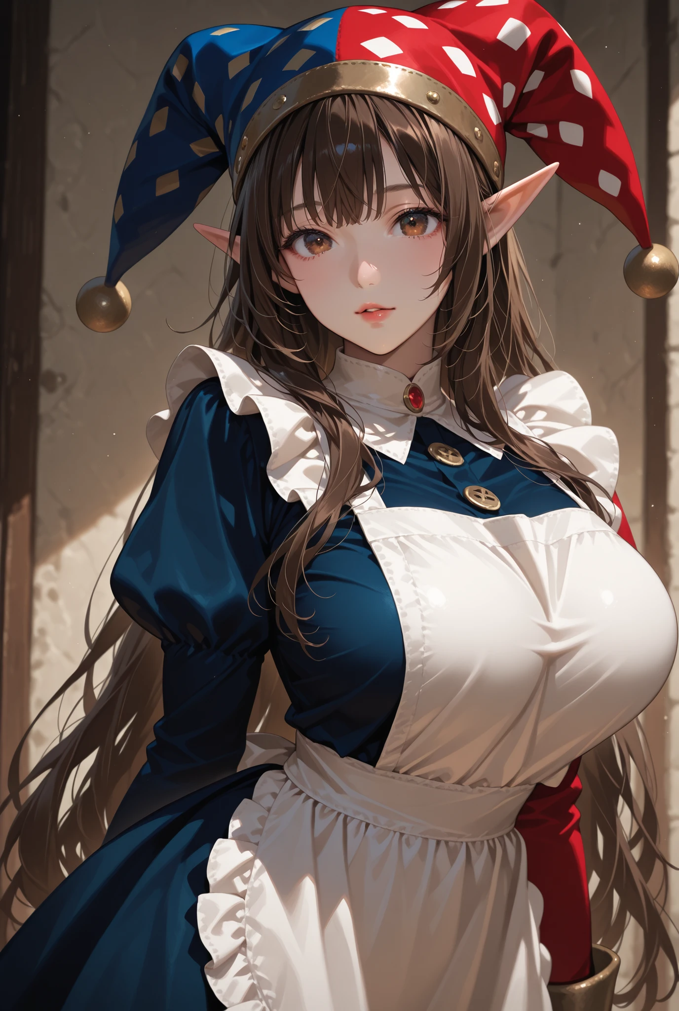 anatomically correct, best quality, masterpiece, high quality, high details, highres, HD, (shaded face:1.2), hollow eyes, brown eyes, looking at viewer, heavy breathing, smirk, upper teeth, NobukoIzumiR4, hair bulled back, black hair, brown eyes, sagging breasts, huge breast, 1girl, hat, window, solo, breasts, bow, looking_at_viewer, hair_bow, indoors, beret, bangs, long_sleeves, upper_body, large_breasts, dangerousbeast, elbow gloves, gloves,
