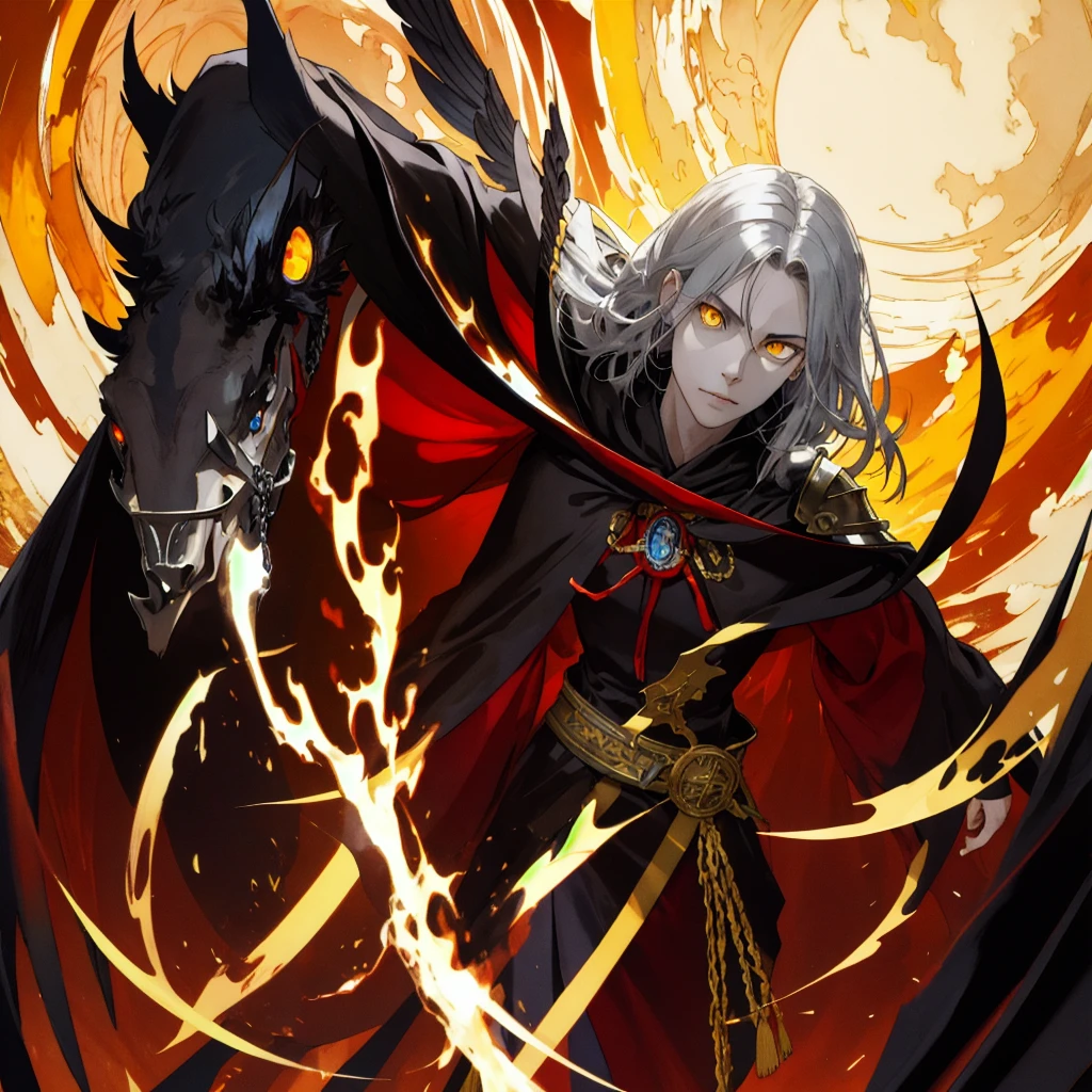 (absurdres, highres, ultra detailed), 1 male teen, young, handsome, tall muscular guy, broad shoulders, long white hair with bangs, orange eyes, dragon horns on head, smirking expression, sunset long sleeves, finely detailed eyes and detailed face, extremely detailed CG unity 8k wallpaper, intricate details, (style-swirlmagic:0.8), portrait, looking up, solo, half shot, detailed background, (warhammer fantasy theme:1.1) sinster, focusing, pursed lips, sorcrer, casting spell, hovering in air, (color waves), floating crystals, dynamic pose, color robe, hair flowing in the wind, arcane spell, mana, grim dark realistic lighting, moon background.)