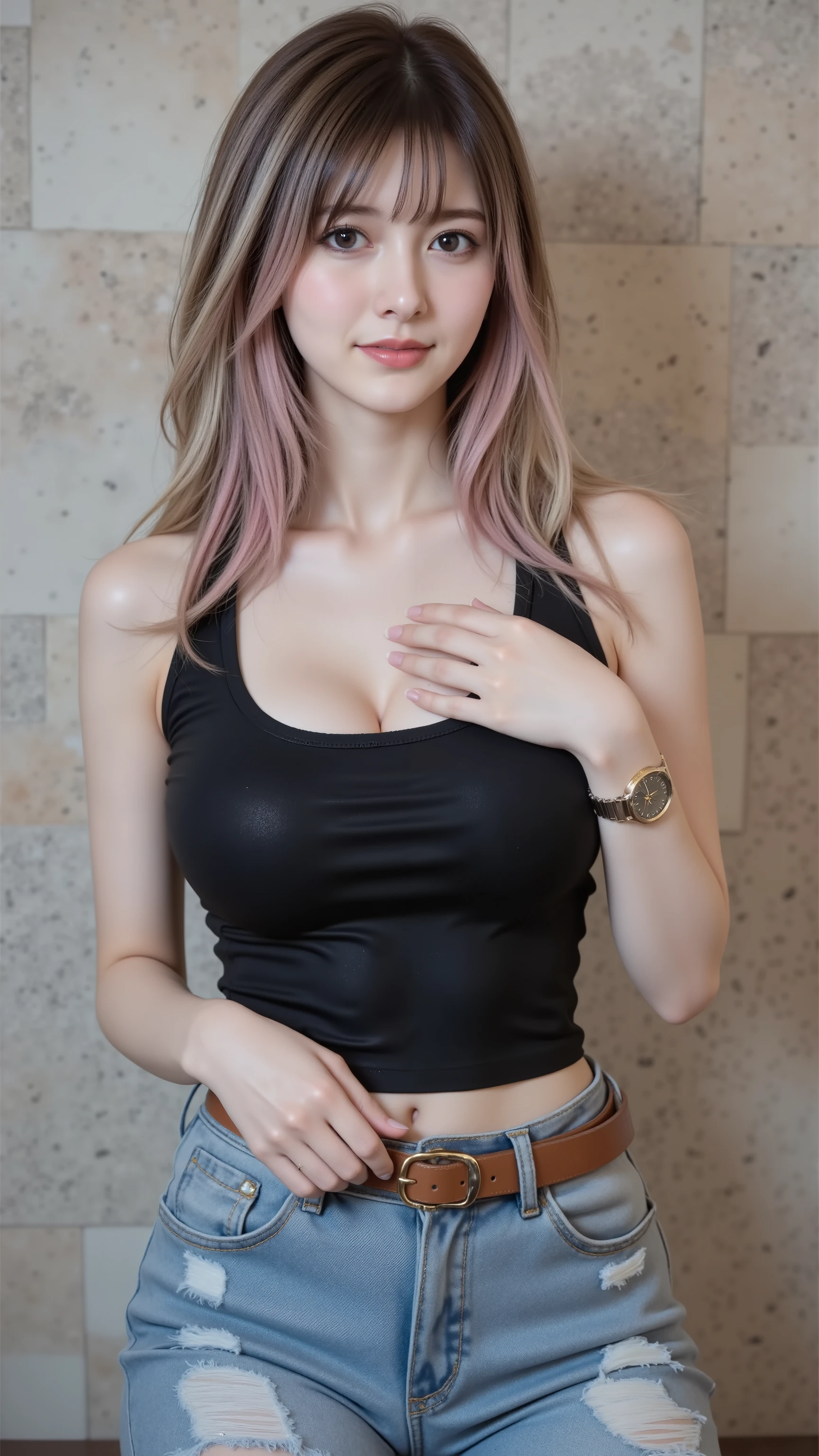 1 young russian girl,(seductive smile ),(Exposed breasts),((sagging breasts)) ,((large breasts)), (((skinny))), 19yearolds,((long. dark-black hair mixed with white and blonde hair pink embre,short-line hair cut with a layer style)), RAW photo, (best quality),high resolution, Ultra detailed, masterpiece,(photorealistic: 1.6), (realistic skin texture: 1.5), Show off beautiful hips, gigantic cleavage breasts, bare breast, (plump breasts), beautiful tit,Top: A young woman wears a tight black tank top, cut close to the body, showing off the shoulders and back prominently, giving a sexy and confident look.
Pants: Loose-fit faded jeans (Loose Fit or Boyfriend Jeans) with ripped details at the knees and thighs, adding a cool street style.
Belt: A caramel brown leather belt, helping to clearly divide the waist and hips, and adding a little vintage touch to the overall look.
Accessories: A gold wristwatch (may be gold or rose gold) to enhance the look to look expensive.
A young woman stands in a position slightly facing the camera (about 3/4 profile), turning her face back to look straight ahead, 1hand touch her breast, 1hand down between her legs, spread legs , giving a feeling of confidence but also softness.
The eyes stare at the camera with charm, combining sweetness and decisiveness, straight hair down to the chest, left natural.
Hair parted slightly in the middle or slightly to the side, looking simple and natural.
Hair looks healthy, with a little volume at the ends.
Studio lights or flashes shine directly from the front, making the face and skin stand out, smooth and clear, without shadows of the model very light. This shows that the light is quite soft (soft light) to highlight the skin.
The reflections on the glasses and accessories add dimension and highlight to make the picture more interesting.
Background: It is a wall mixed with 3 materials: