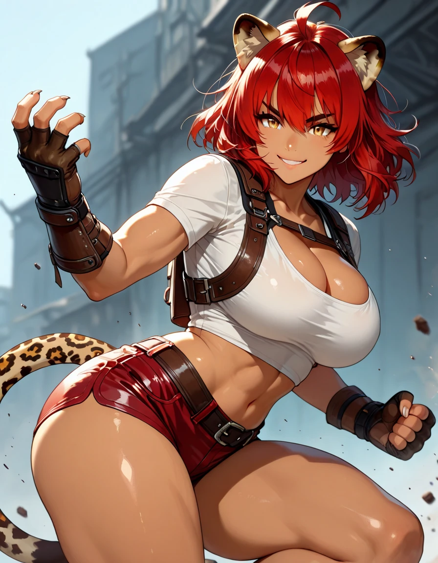 girl, red hair, medium hair, yellow eyes, athletic body, cleavage, white shirt, smilling, sure, fighter, gloves, brown skintone, thick brows, light armor, ahoge, brown color shorts, leather armor, messy hair, tanned skin, jaguar tail, jaguar ears,, metal claws