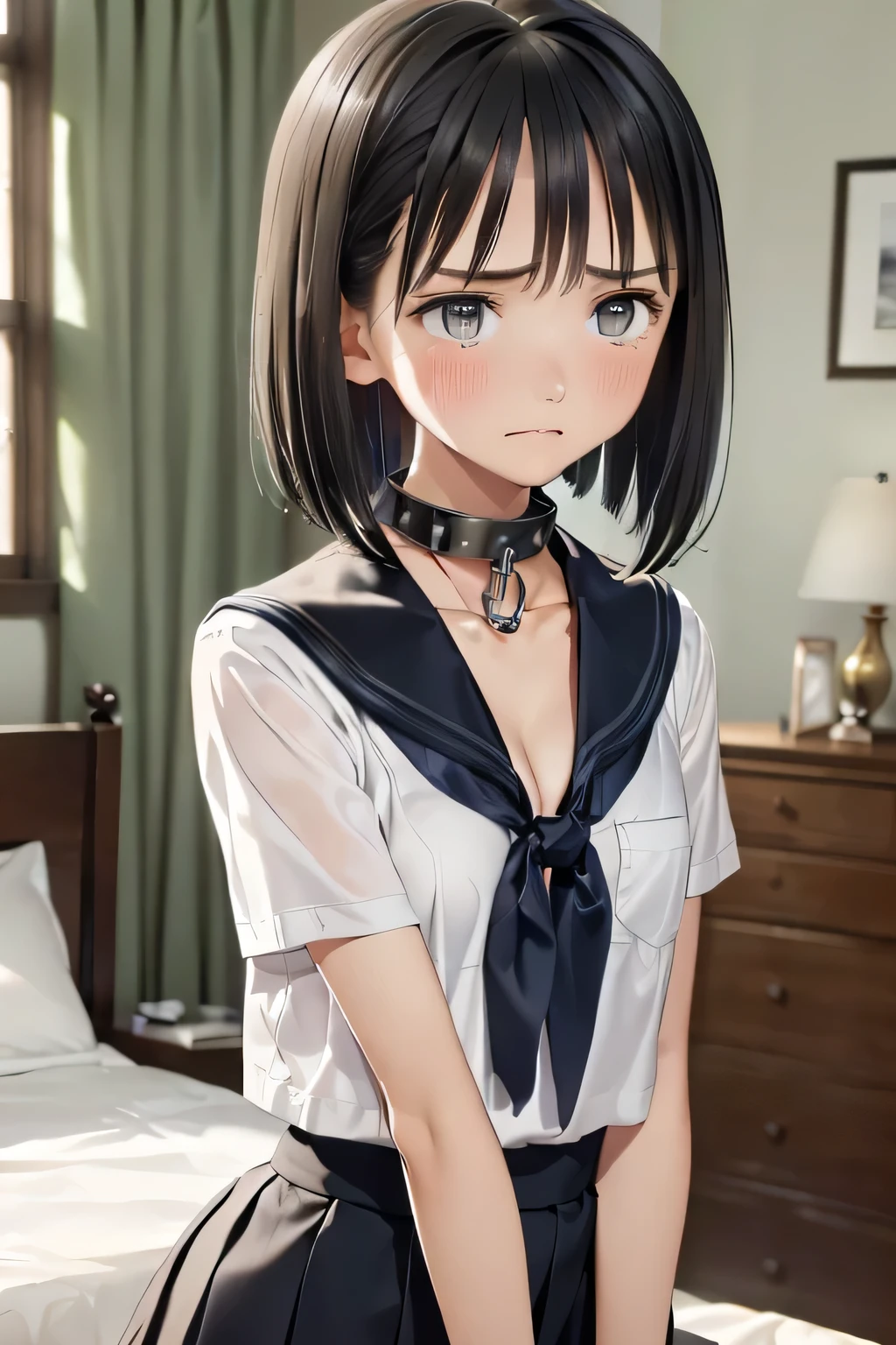 (masterpiece, Best Quality, 8K,Raw photo, High resolution:1.7), (led away, escorted by boy, 1 girl, 1 naked boy, upper body, looking at viewer, arms behind back, sitting on the bed:1.5), (a lot of teardrops, Frowning, screaming, crying, sobbing, tearing, tearful, full-face blush, embarrassed, shyness:1.5), (dark background, night, indoor, Closed bedroom, soft indoor light, double bed, stone wall, night view:1.5), (Candid, Sophisticated, Thin arms, Narrow waist, Slim body, slim legs, Slender girl:1.5), (Bokeh:1.7), (cleavage, naked flat chest:1.5), Beauty, (school sailor uniform, blue ribbon, short sleeve, pleated skirt, chained slave metal collar with studs:1.5), (short hair, black hair, black eyes:1.8), (forehead:1.3)