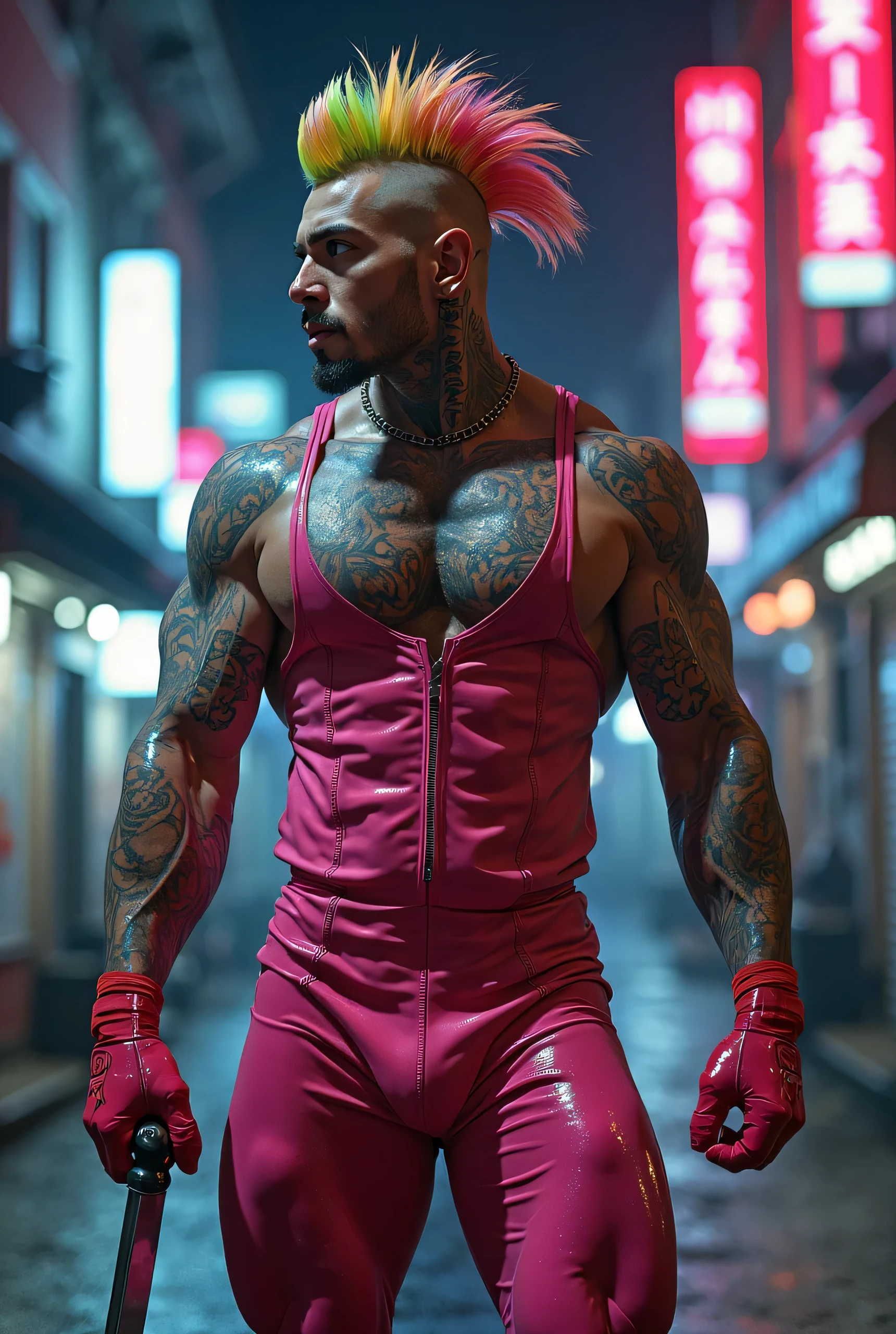(masterpiece, intricately detailed, highest resolution, best quality:1.2), (doujin), a cocky Ricki Raxxx Instagram influencer, buzz cut, a 36 y.o muscle dom with a muscular physique sitting on a chair with blue eyes,ntattoo, ((neckline_tattoo)), dark-skinned male, clean shaven, wearing a ((open jacket, big chains, chav, armbands)), ((excessive ???)) ((cum on body)) (cum drip), flaccid ?????,saggy balls,hairy chest,vascular,muscle striations,soft light,fantastic realism, colth, hdsrmr