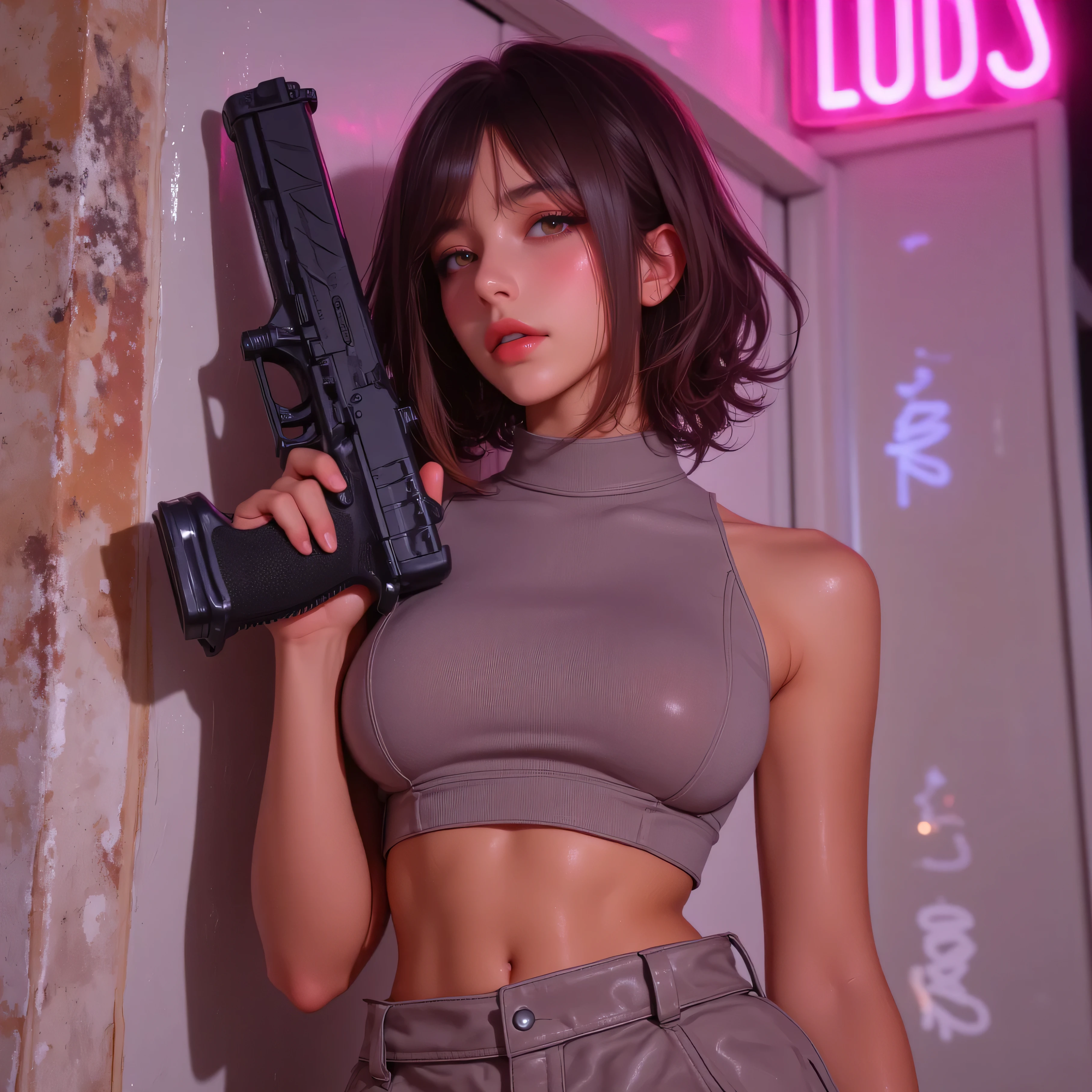 A grounded yet stylish young female character inspired by GTA-style aesthetics — confident, relaxed, and streetwise. She has medium-length dark brown hair, straight or slightly tousled, with a natural texture. Her facial features are realistic and expressive — not exaggerated — with a calm, sharp look and minimal makeup.
She is holding a Glock pistol in her right hand, in a grounded and non-exaggerated way — her stance remains relaxed but alert. The gun is realistic and proportional, with her finger off the trigger, following proper handling.
She’s wearing a tight, fabric-textured crop top or bustier — not leather — in a neutral or dusty color (gray, muted beige, or soft plum). The fabric has a slight cloth weave texture and fits snugly, not shiny or flashy. She's also wearing loose-fit jeans or urban street pants, possibly with a belt or utility straps.
The scene is set in a lightly urban environment, like a faded graffiti wall, a city alley, or an area with soft neon glow — subtle pink and purple tones blending in the background. Lighting is soft and realistic, like overcast daylight or late afternoon — no cartoonish elements.
The style is photorealistic or semi-stylized, ideal for a character concept or logo-style render. No flashy colors, no overdone accessories. The overall tone is grounded, realistic, and inspired by female characters from GTA (like Lucia or GTA V Online avatars).