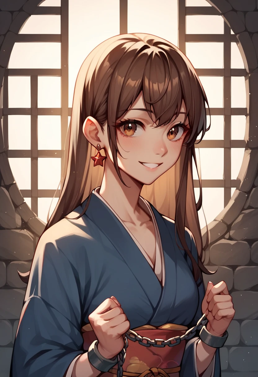 score_9, score_8_up, score_7_up, score_6_up, score_5_up, score_4_up, source_anime, 1girl,amber5star, upper body, smile, brown hair, long hair, red eyes, w-w-chain, shackles, raise arms, kimono, dungeon, best quality, best res, 4K UHD,