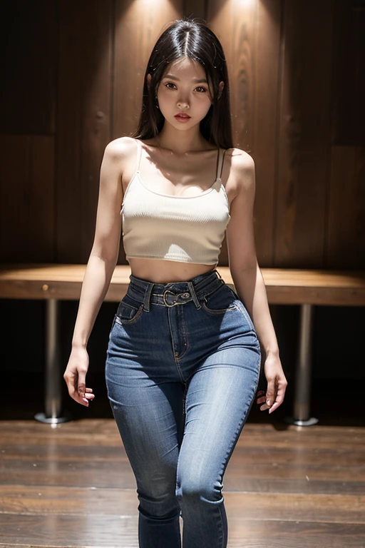 (hyuga Hinata, very sensual, with tight clothes, Wearing tight jeans, wearing a mini blouse, umbigo com pirsing, stright hair, Speaker behind, very realistic, 8K, 8K extremamente detalhado), (an extremely delicate and beautiful), (Masterpiece artwork), (best qualityer: 1.0), (ultra highres:1.0)