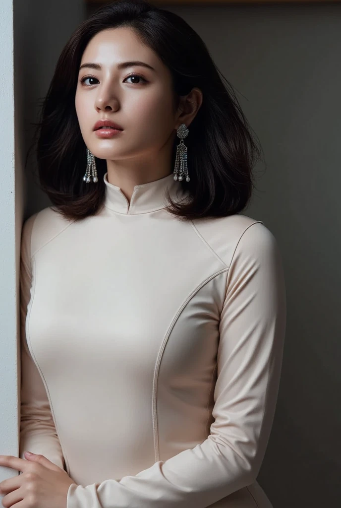 ((top-quality)), Beautuful Women:1.4, Slender Abs:1.1, ((dark brown short hair、Colossal tits:1.2)), (Shiny Silver Tight T-Shirt, The sheen、Standing Black Spats:1.2), Detailed face and skin texture, A detailed eye,sit a chair