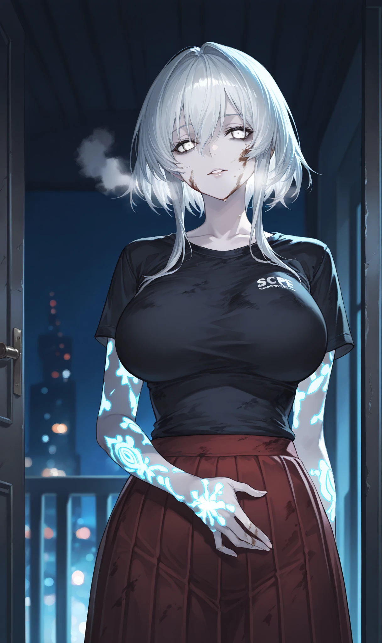 best quality, amazing quality, very aesthetic, absurdres, (1girl, mutsuki, blue archive, solo, red eyes, white hair, side ponytail), (artist official art:1.5), (realistic face:0.5), (hate face, angry), (open shirt:2), (cowboy shot), (from below:0.2), (glowing eyes:1.1), nsfw, (half closed eyes:0.9), (thigh),, perfect anatomy, (gray background:1.5), clear eyes, beautiful face, small breasts, (Chiaroscuro:1.5), (highres:2), undressing