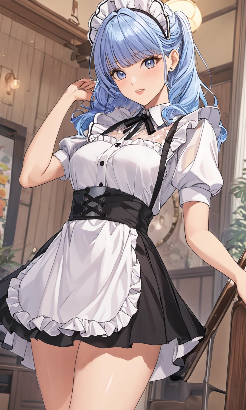 (highest quality:1.2, 4K, 8k, Studio Anime, Very detailed, up to date, Vibrant, High detail, High Contrast, masterpiece:1.2, highest quality, Best aesthetics), (((1 girl))), Sitting, Maid, Maid服, Blue Ribbon, Frills, Open your mouth slightly:1.2, smile, Dynamic Angle, Low - Angle:1.3, 40 denier black tights, Get closer, Friendly atmosphere, Fun and young々Shii々Cool vibe, Precision and focus, Striking contrast,