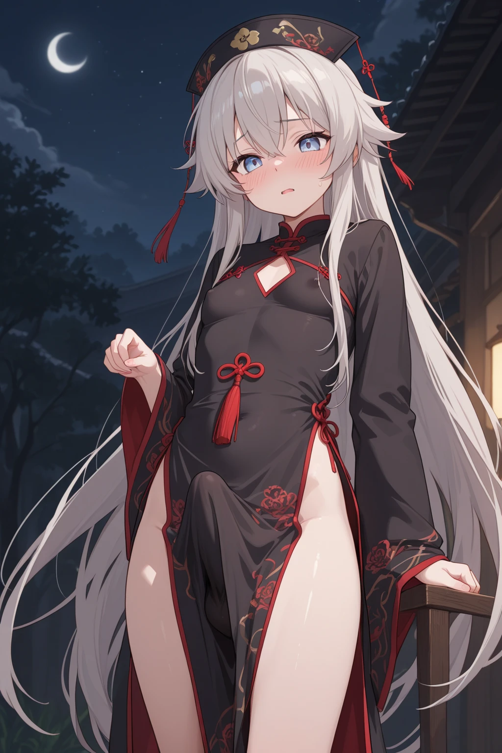 1girl huge large breasts，white color hair，China Cheongsam，Spread your legs，high qulity，Error-free anatomy，A high resolution，Lying down，Poor milk，Small body